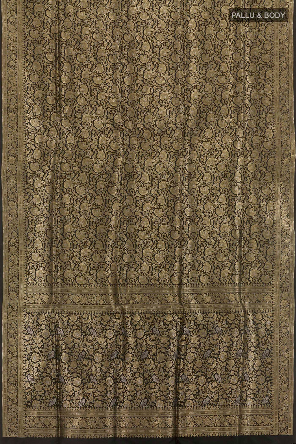 Flat view of Black Banarasi Silk Saree with Zari Brocade on the body and Zari Border. 