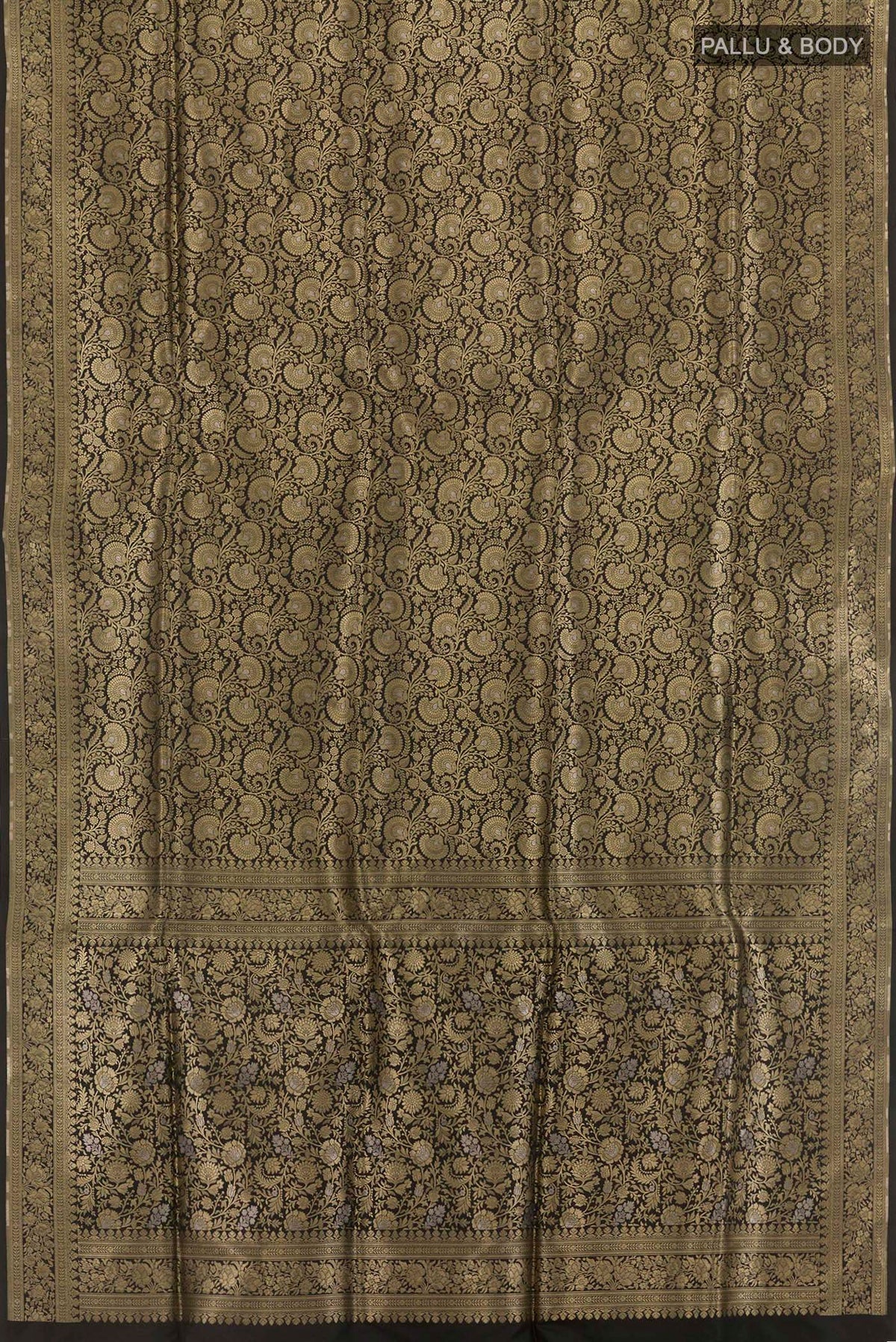 Flat view of Black Banarasi Silk Saree with Zari Brocade on the body and Zari Border. 