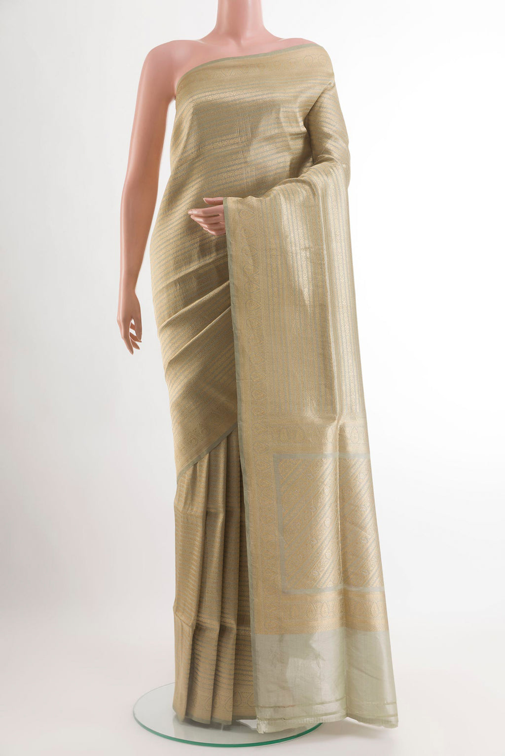 Grey Banarasi Silk Saree with Zari Brocade on the body and Zari Border.  displayed on a mannequin