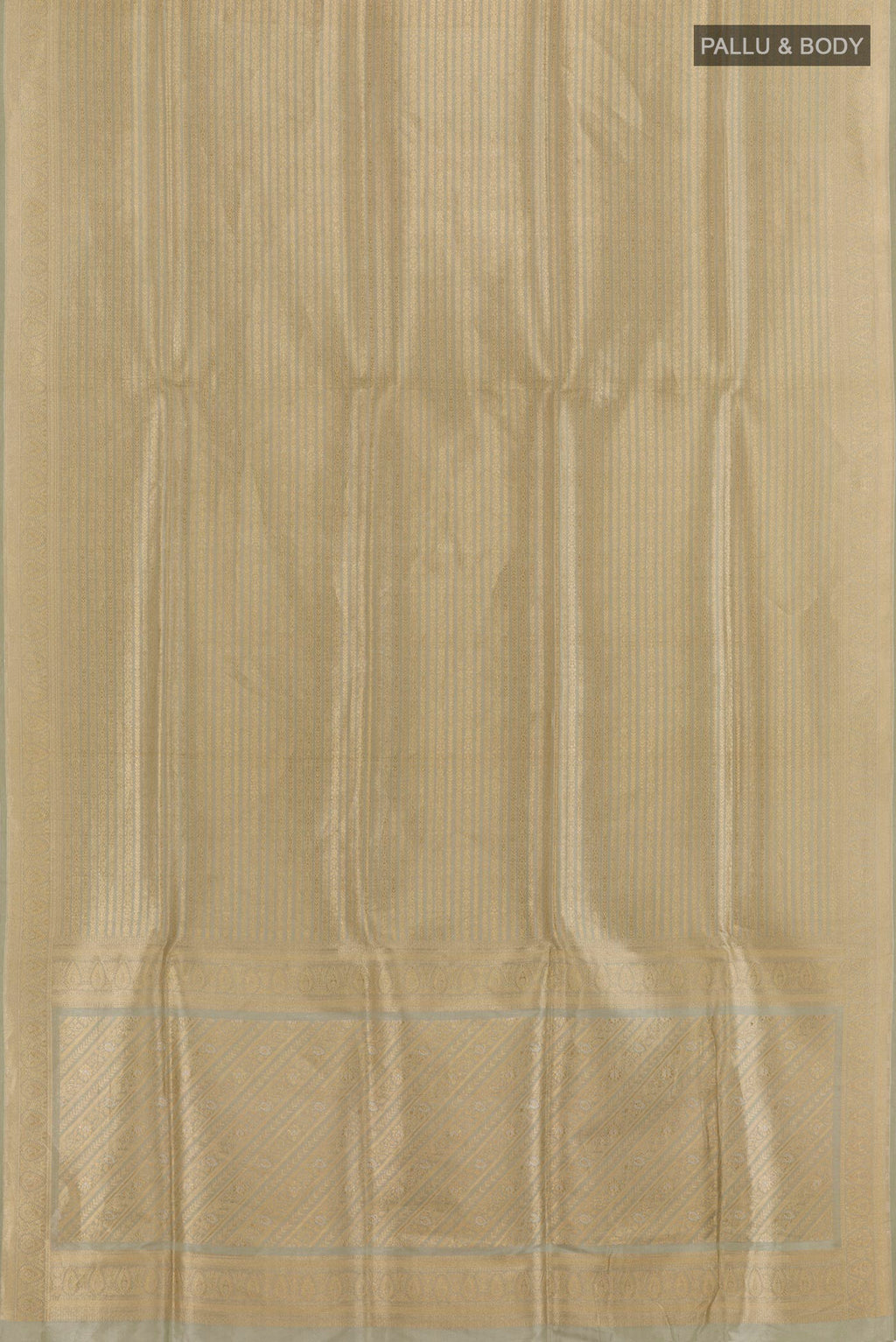 Flat view of Grey Banarasi Silk Saree with Zari Brocade on the body and Zari Border. 