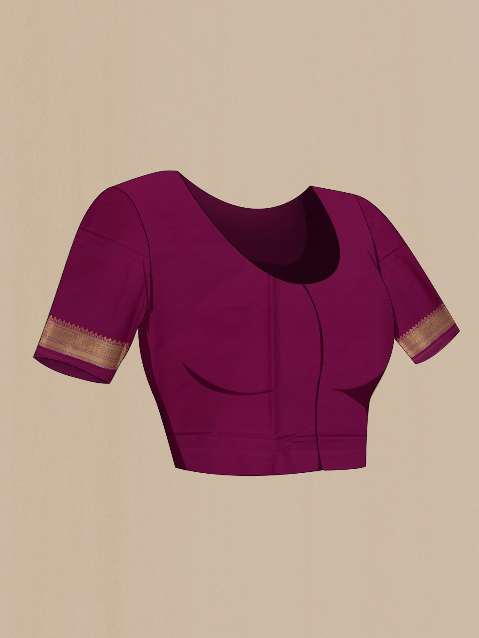 Close up image of the blouse of Magenta Banarasi Silk Saree with Zari Brocade on the body and Zari Border. 
