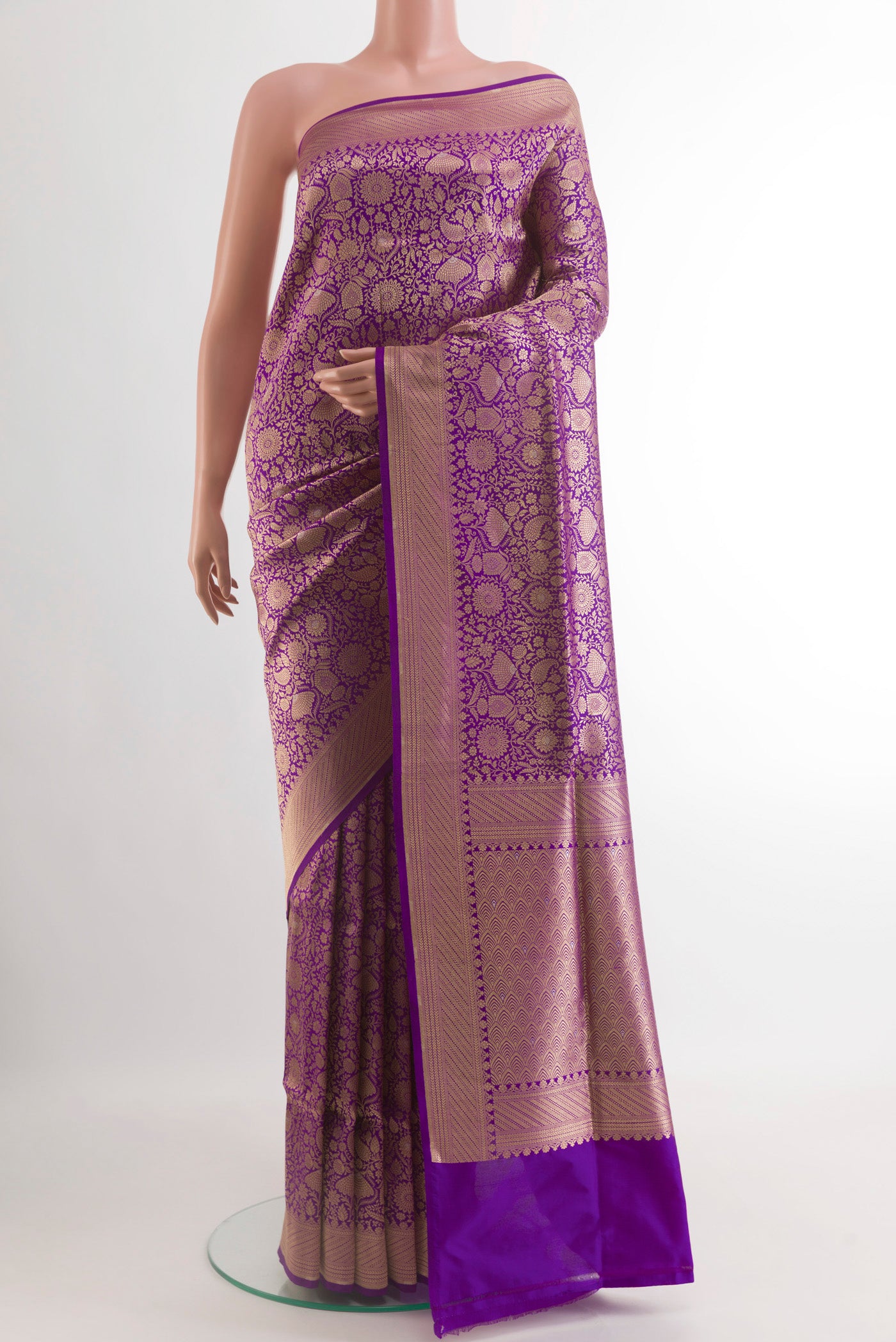 Purple Banarasi Silk Saree with Zari Brocade on the body and Zari Border.  displayed on a mannequin