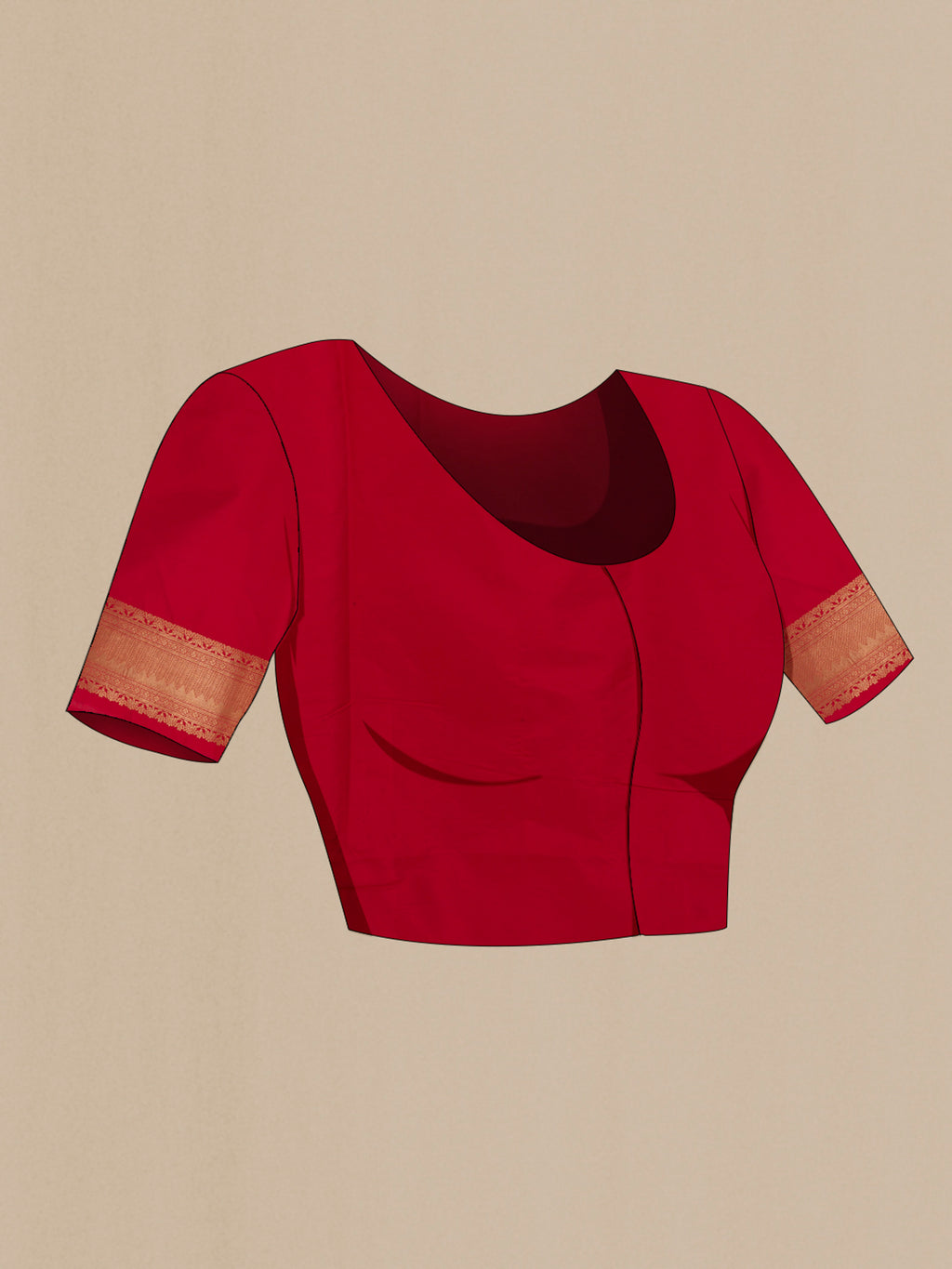 Close up image of the blouse of Red Banarasi Silk Saree with Zari Brocade on the body and Zari Border. 