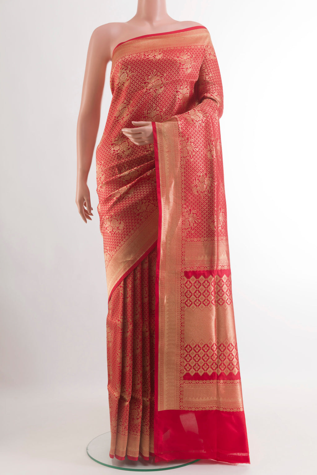 Red Banarasi Silk Saree with Zari Brocade on the body and Zari Border.  displayed on a mannequin