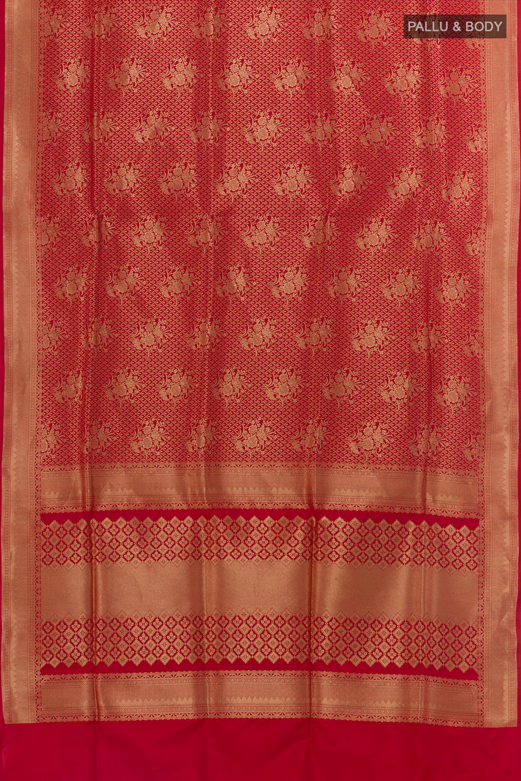 Flat view of Red Banarasi Silk Saree with Zari Brocade on the body and Zari Border. 