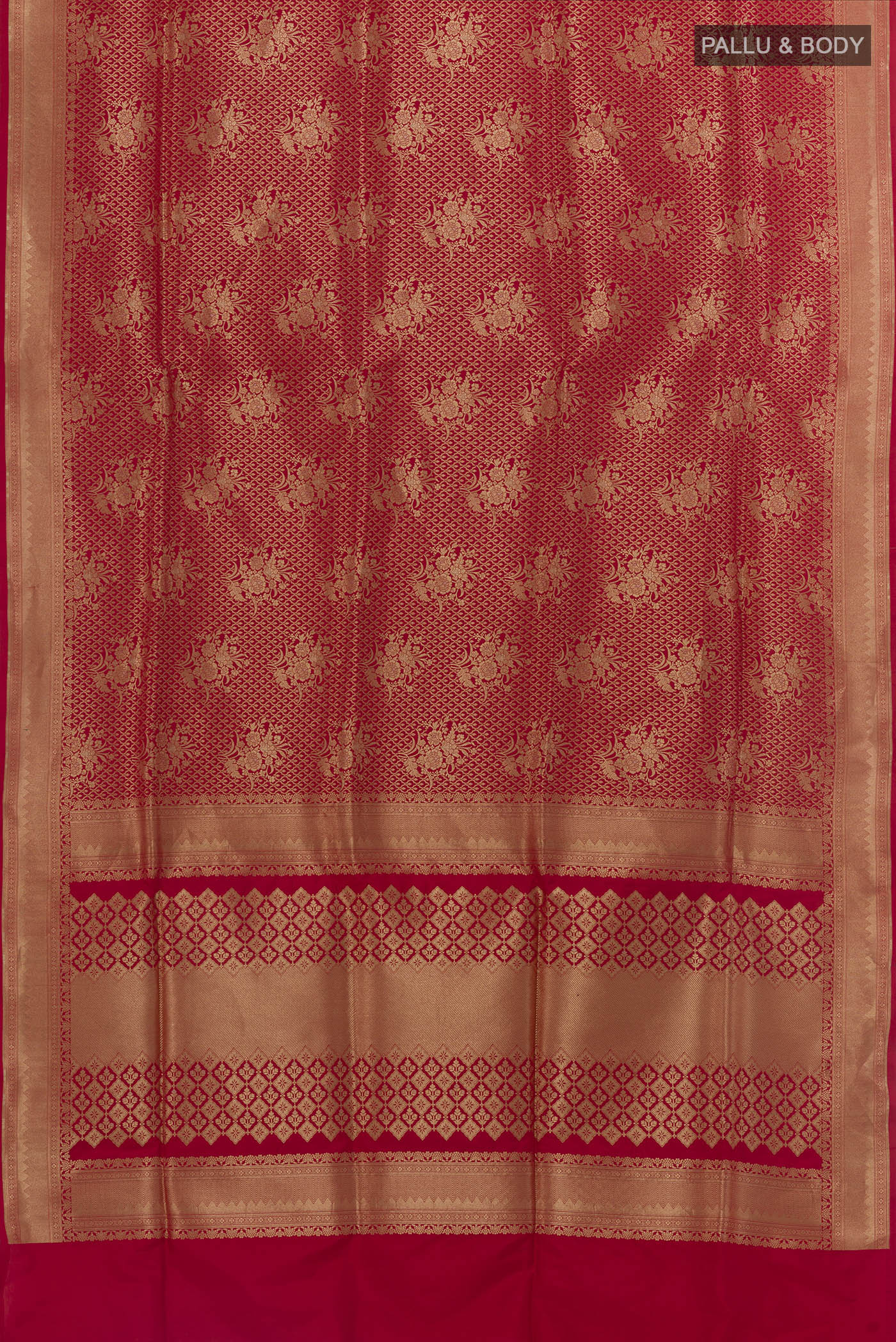 Flat view of Red Banarasi Silk Saree with Zari Brocade on the body and Zari Border. 