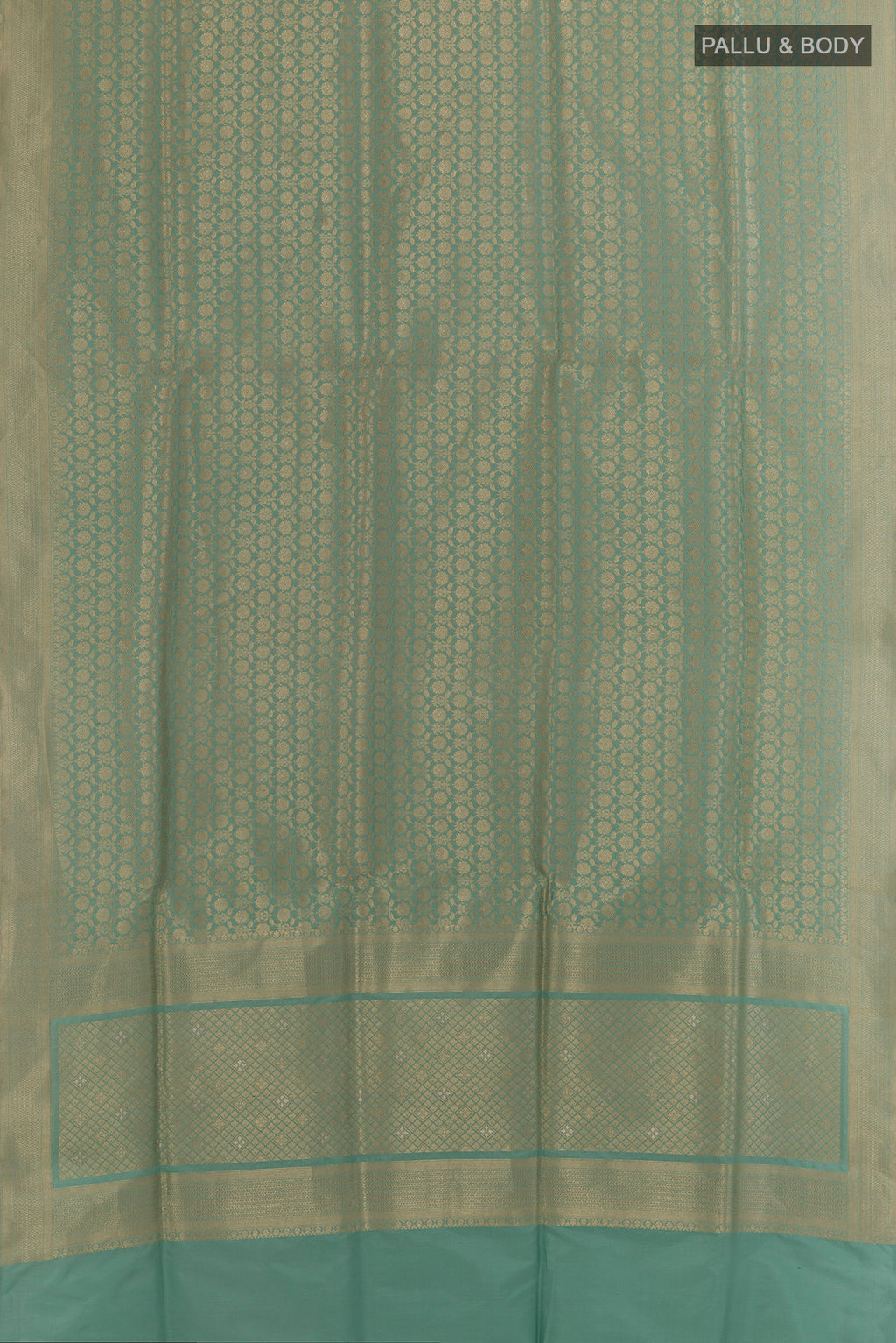 Flat view of Pure Silk Sea Green Banarasi Saree with Zari Brocade on the body and Zari Border. 