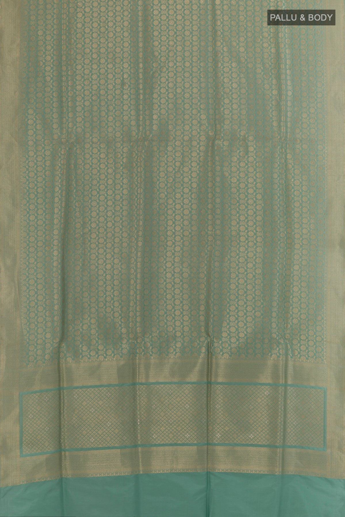 Flat view of Pure Silk Sea Green Banarasi Saree with Zari Brocade on the body and Zari Border. 