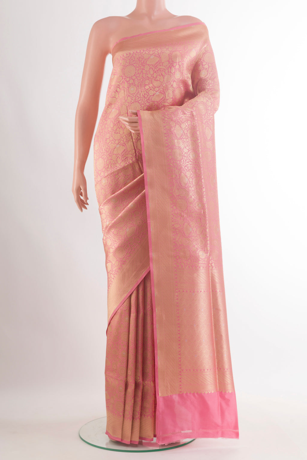Pure Silk Pink Banarasi Saree with Zari Brocade on the body and Zari Border.  displayed on a mannequin