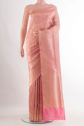 Pure Silk Pink Banarasi Saree with Zari Brocade on the body and Zari Border.  displayed on a mannequin
