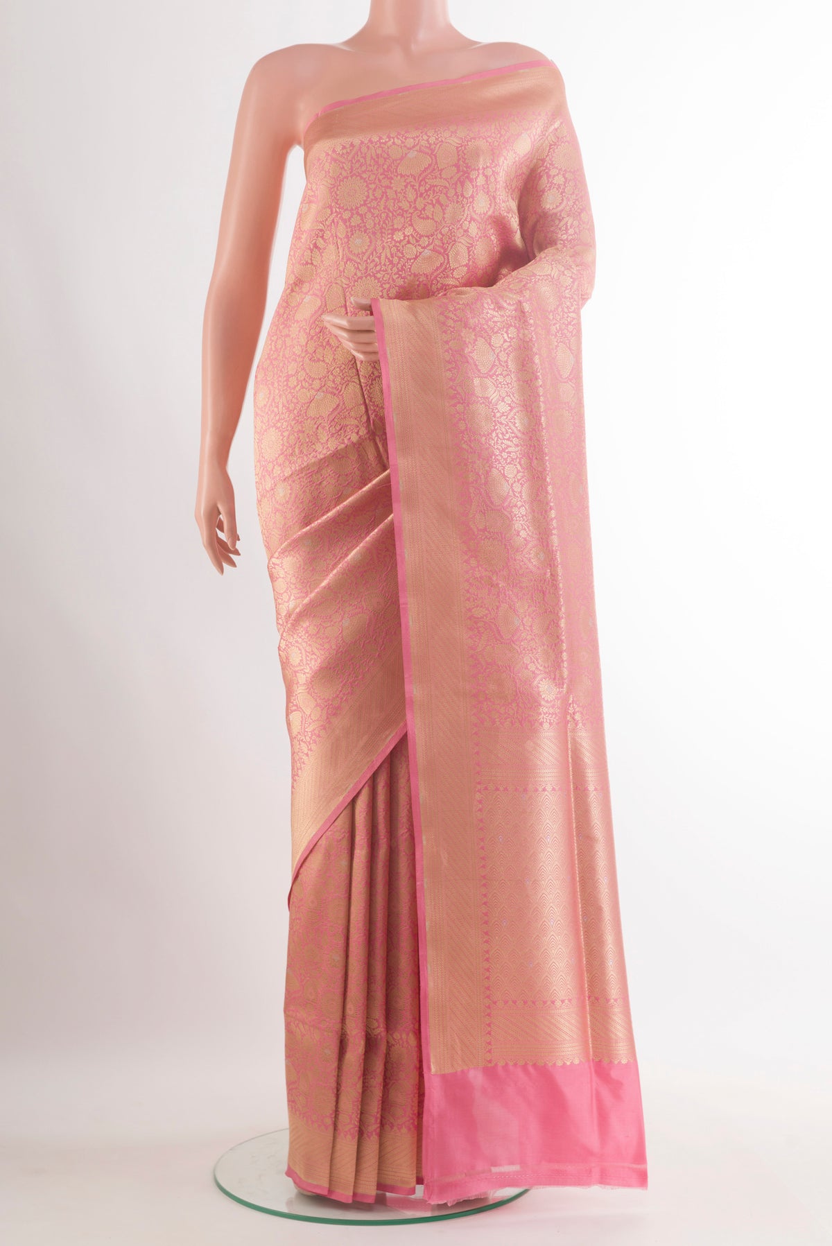 Pure Silk Pink Banarasi Saree with Zari Brocade on the body and Zari Border.  displayed on a mannequin