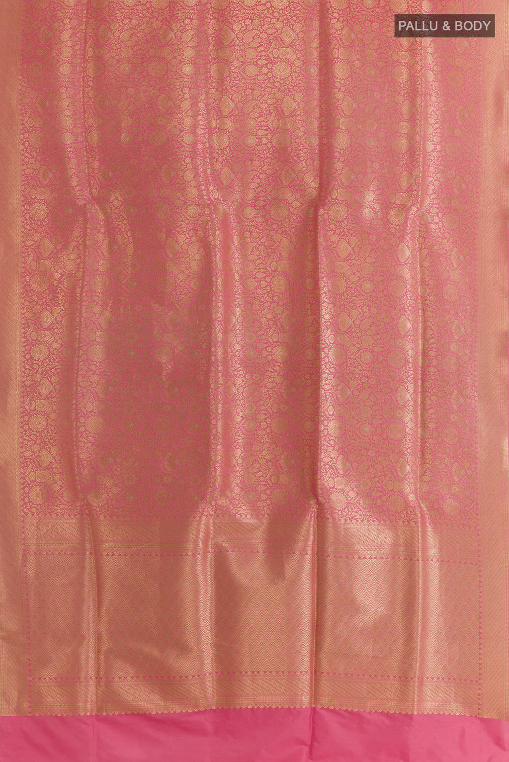 Flat view of Pure Silk Pink Banarasi Saree with Zari Brocade on the body and Zari Border. 