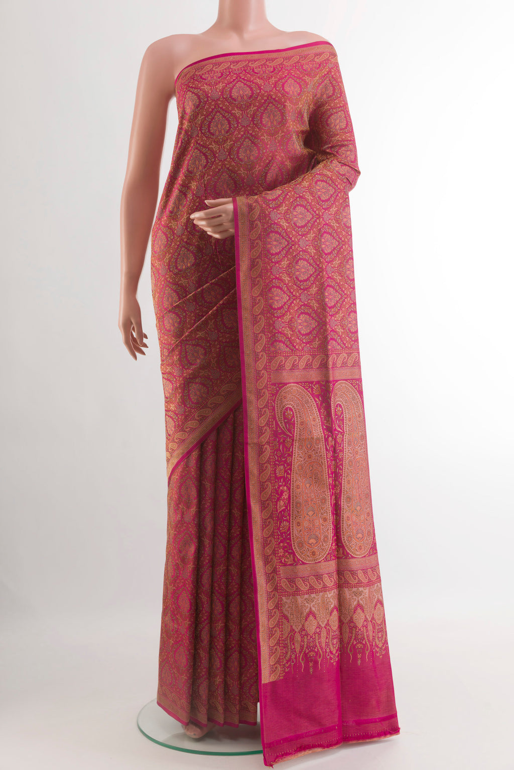 Pink Banarasi Tanchoi Silk Saree with Jamdani on the body and Thread Border.  displayed on a mannequin