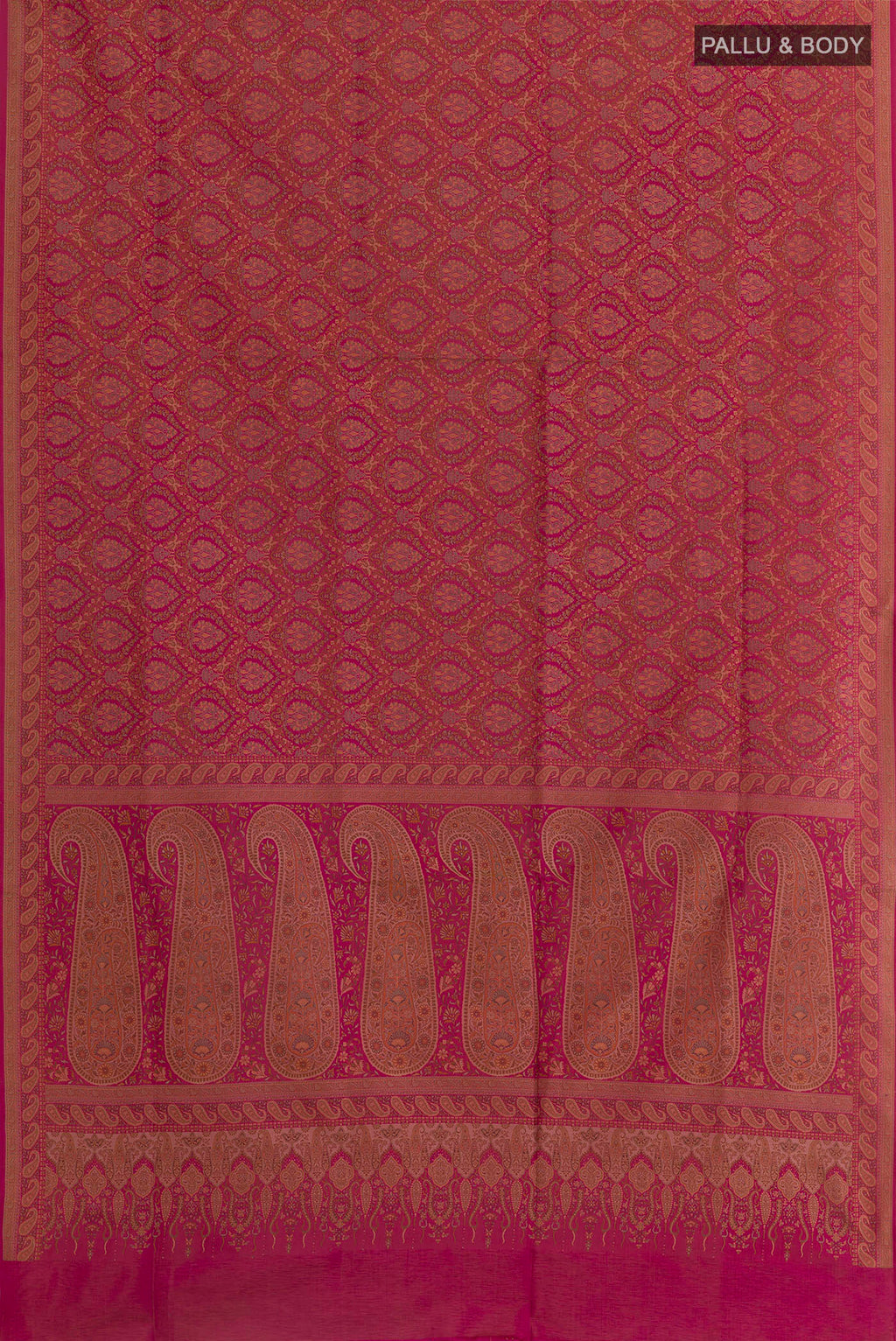 Flat view of Pink Banarasi Tanchoi Silk Saree with Jamdani on the body and Thread Border. 