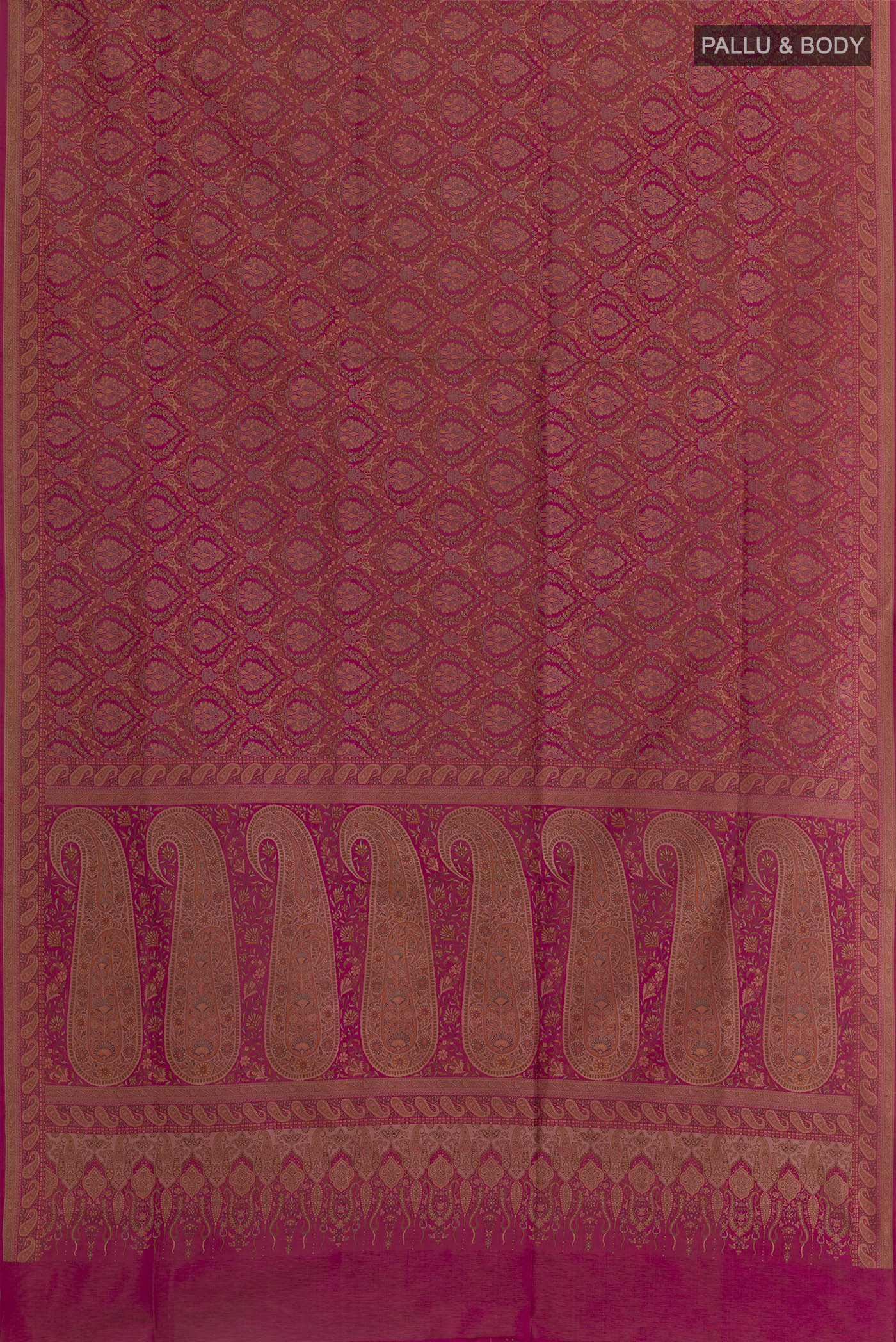 Flat view of Pink Banarasi Tanchoi Silk Saree with Jamdani on the body and Thread Border. 
