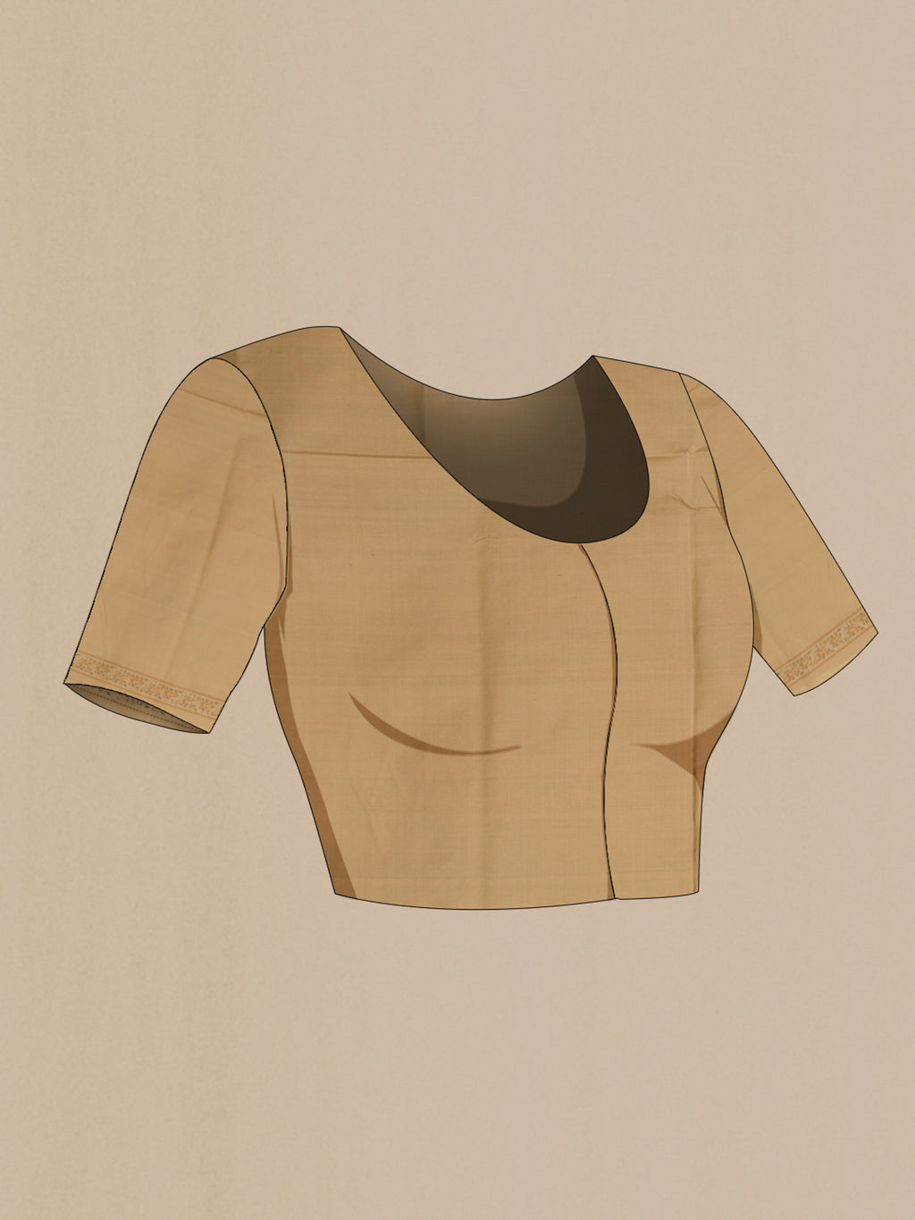 Close up image of the blouse of Beige Banarasi Tanchoi Silk Saree with Jacquard design on the body and Zari Border. 
