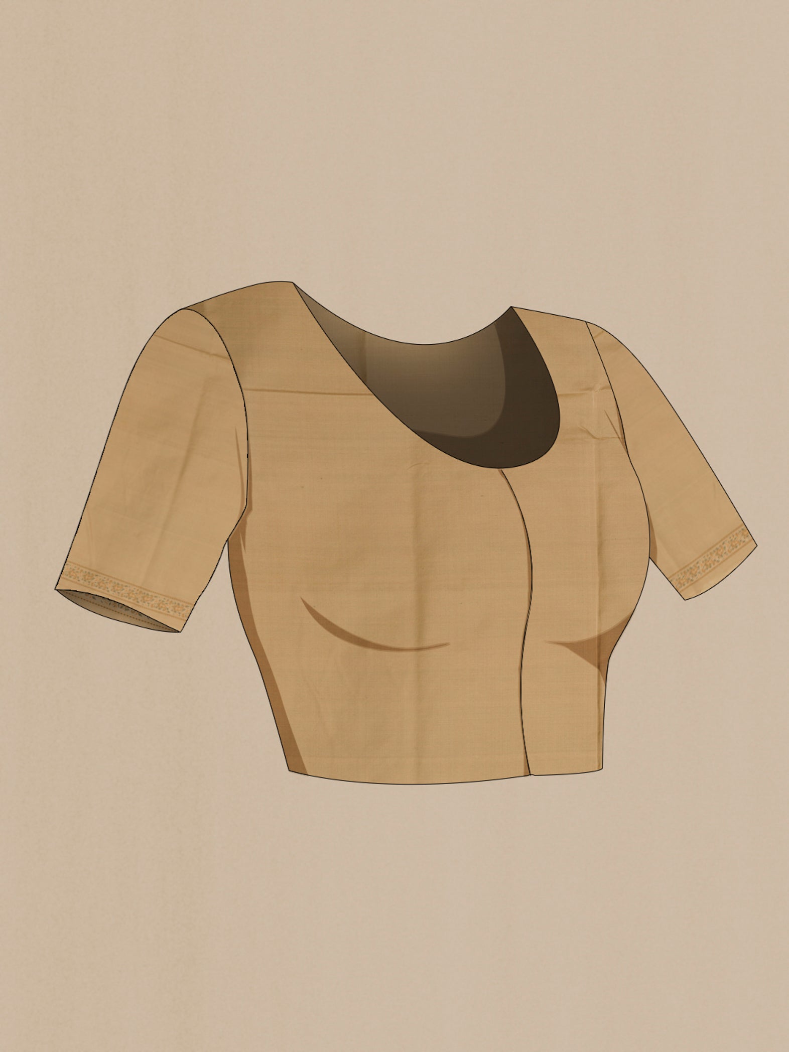 Close up image of the blouse of Beige Banarasi Tanchoi Silk Saree with Jacquard design on the body and Zari Border. 
