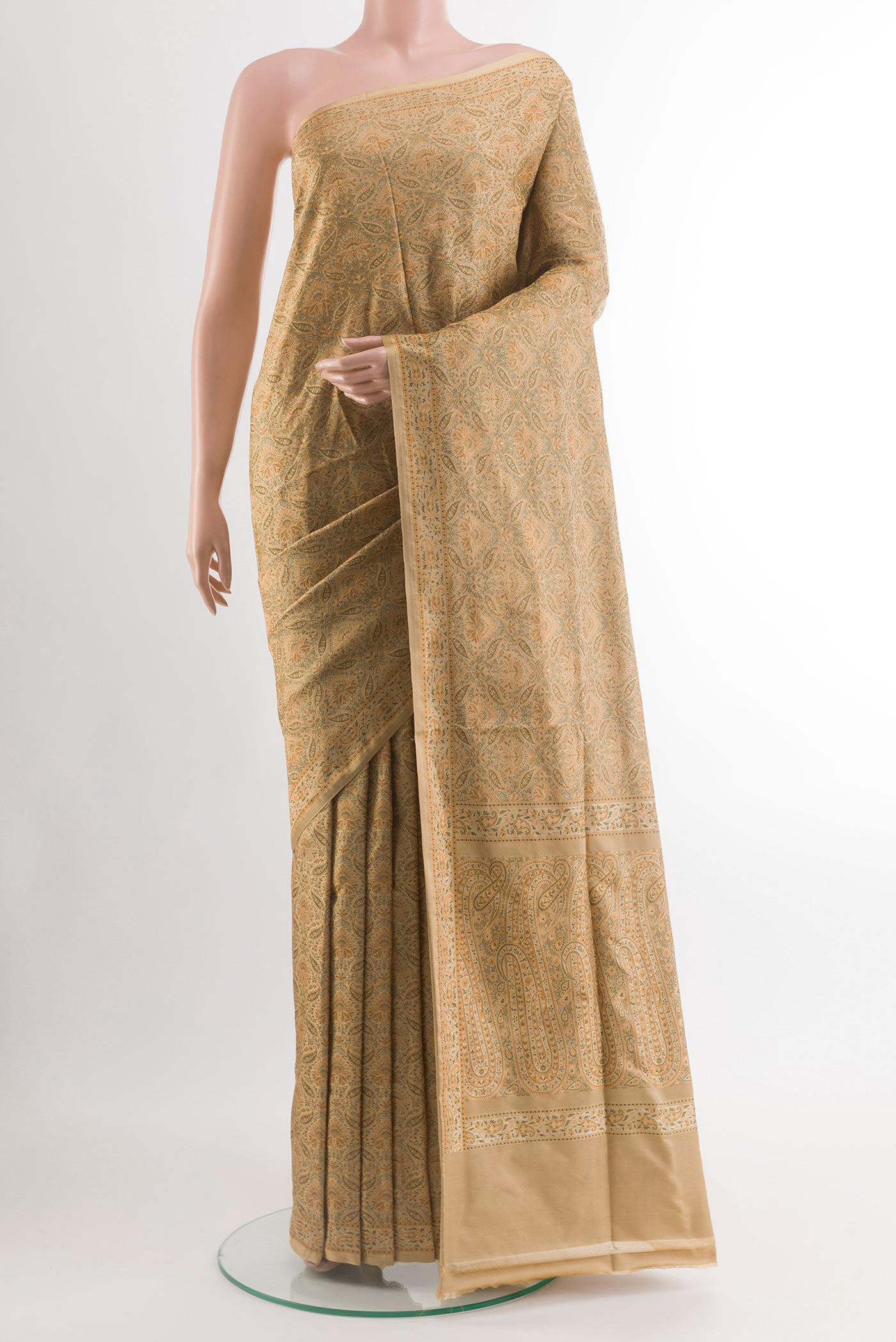 Beige Banarasi Tanchoi Silk Saree with Jacquard design on the body and Zari Border.  displayed on a mannequin
