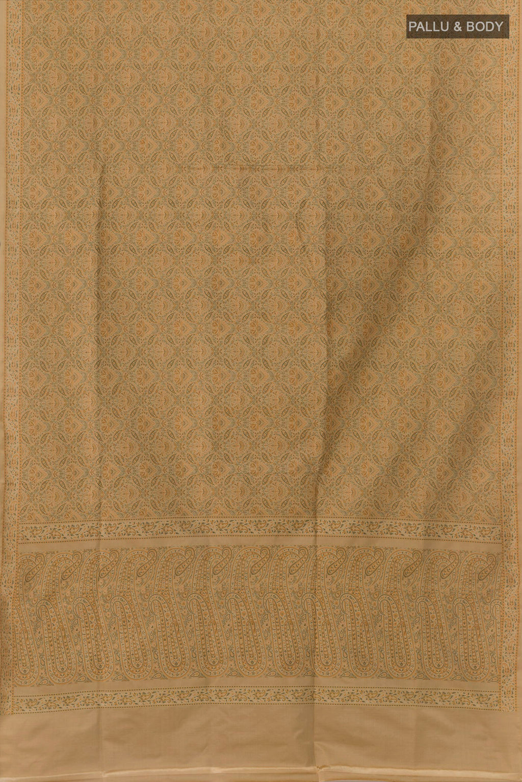 Flat view of Beige Banarasi Tanchoi Silk Saree with Jacquard design on the body and Zari Border. 