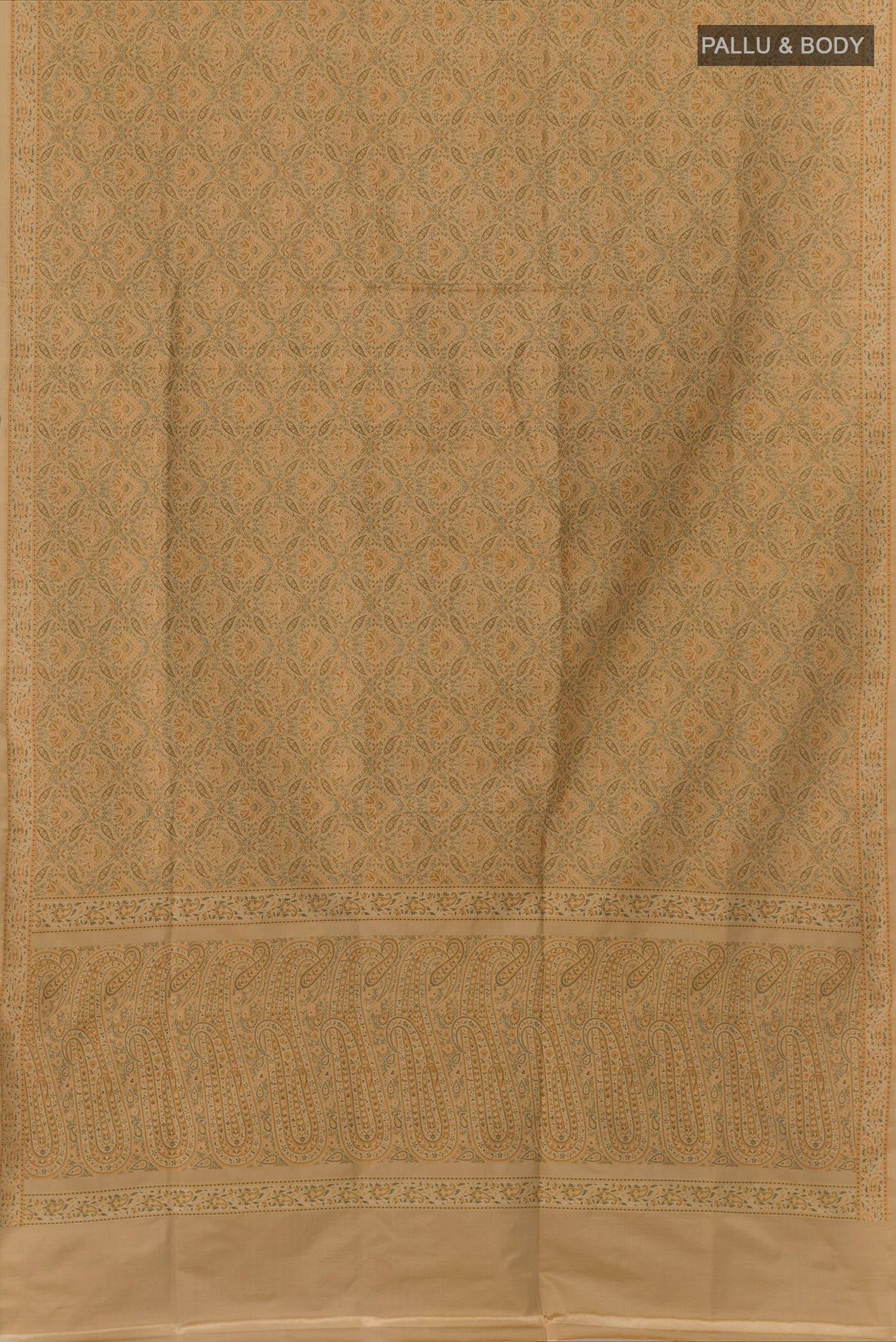 Flat view of Beige Banarasi Tanchoi Silk Saree with Jacquard design on the body and Zari Border. 