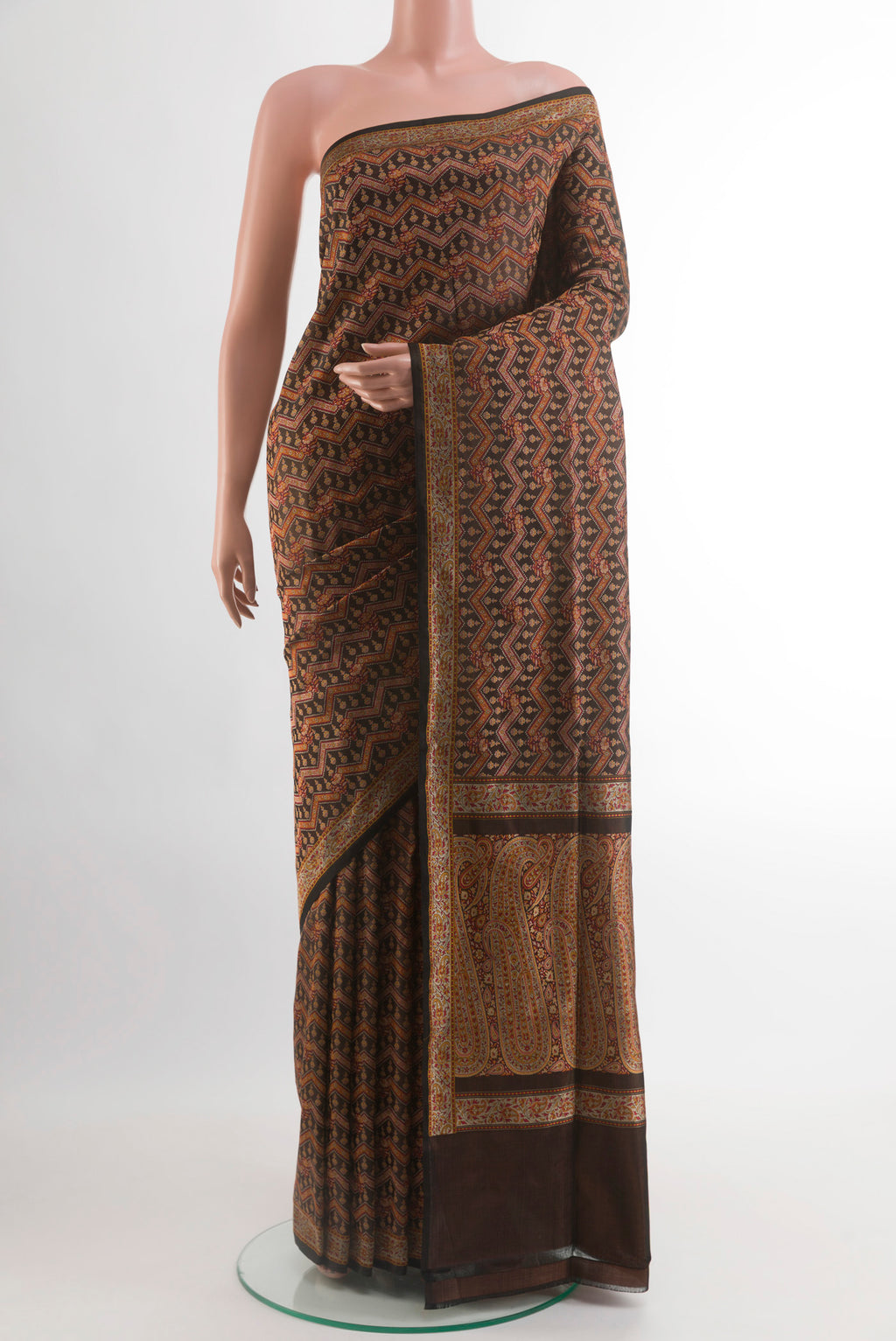 Brown Banarasi Tanchoi Silk Saree with Jacquard design on the body and Zari Border.  displayed on a mannequin