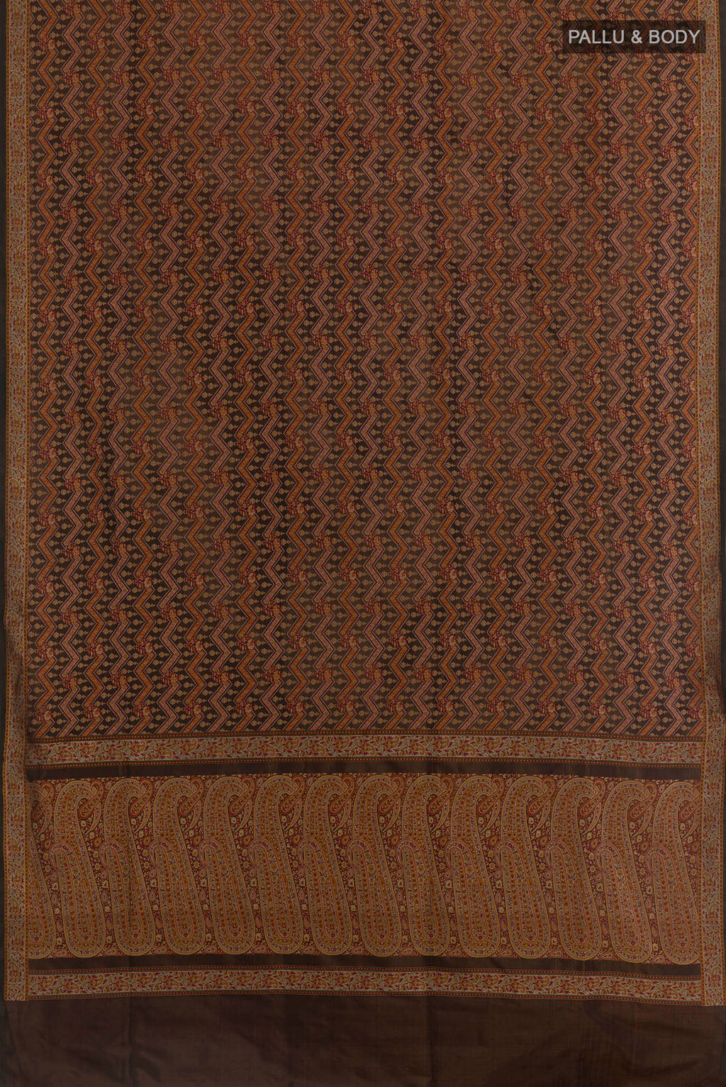 Flat view of Brown Banarasi Tanchoi Silk Saree with Jacquard design on the body and Zari Border. 