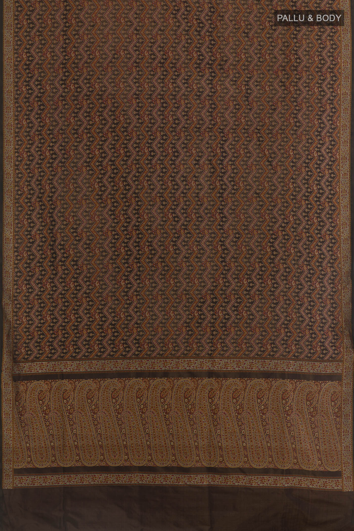 Flat view of Brown Banarasi Tanchoi Silk Saree with Jacquard design on the body and Zari Border. 