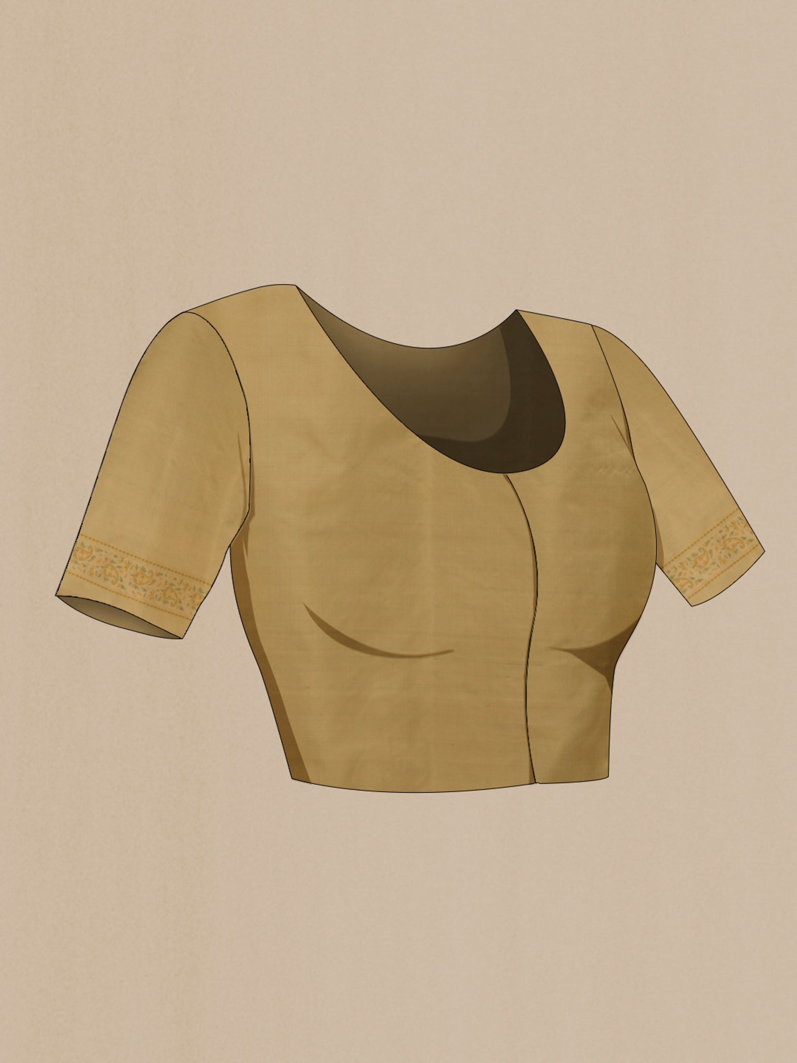 Close up image of the blouse of Beige Banarasi Tanchoi Silk Saree with Jamdani on the body and Thread Border. 