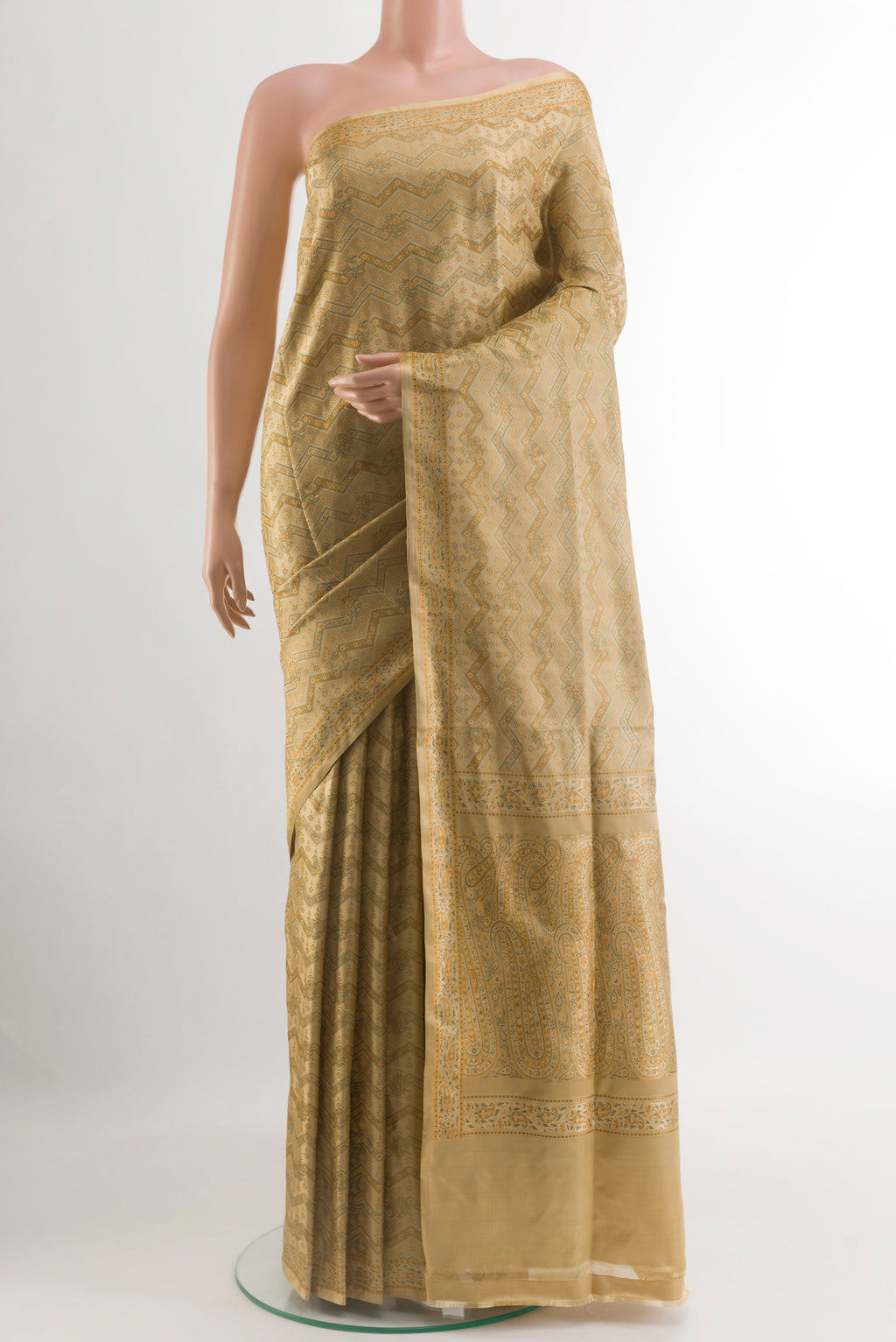 Beige Banarasi Tanchoi Silk Saree with Jamdani on the body and Thread Border.  displayed on a mannequin