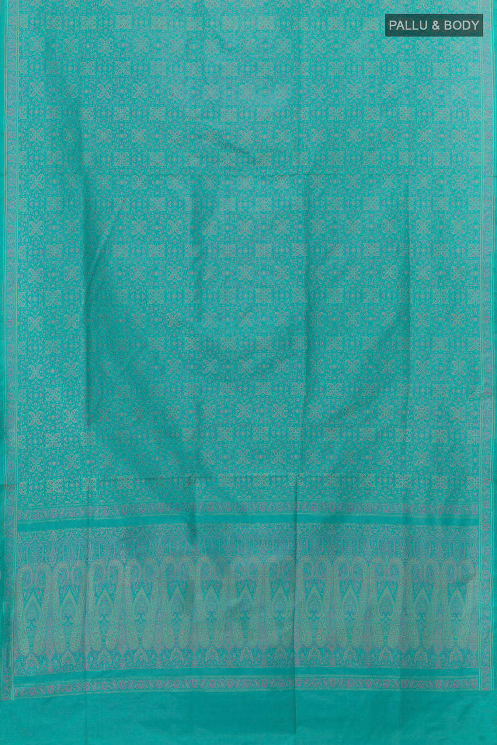 Flat view of Blue Banarasi Tanchoi Silk Saree with Jacquard design on the body and Zari Border. 