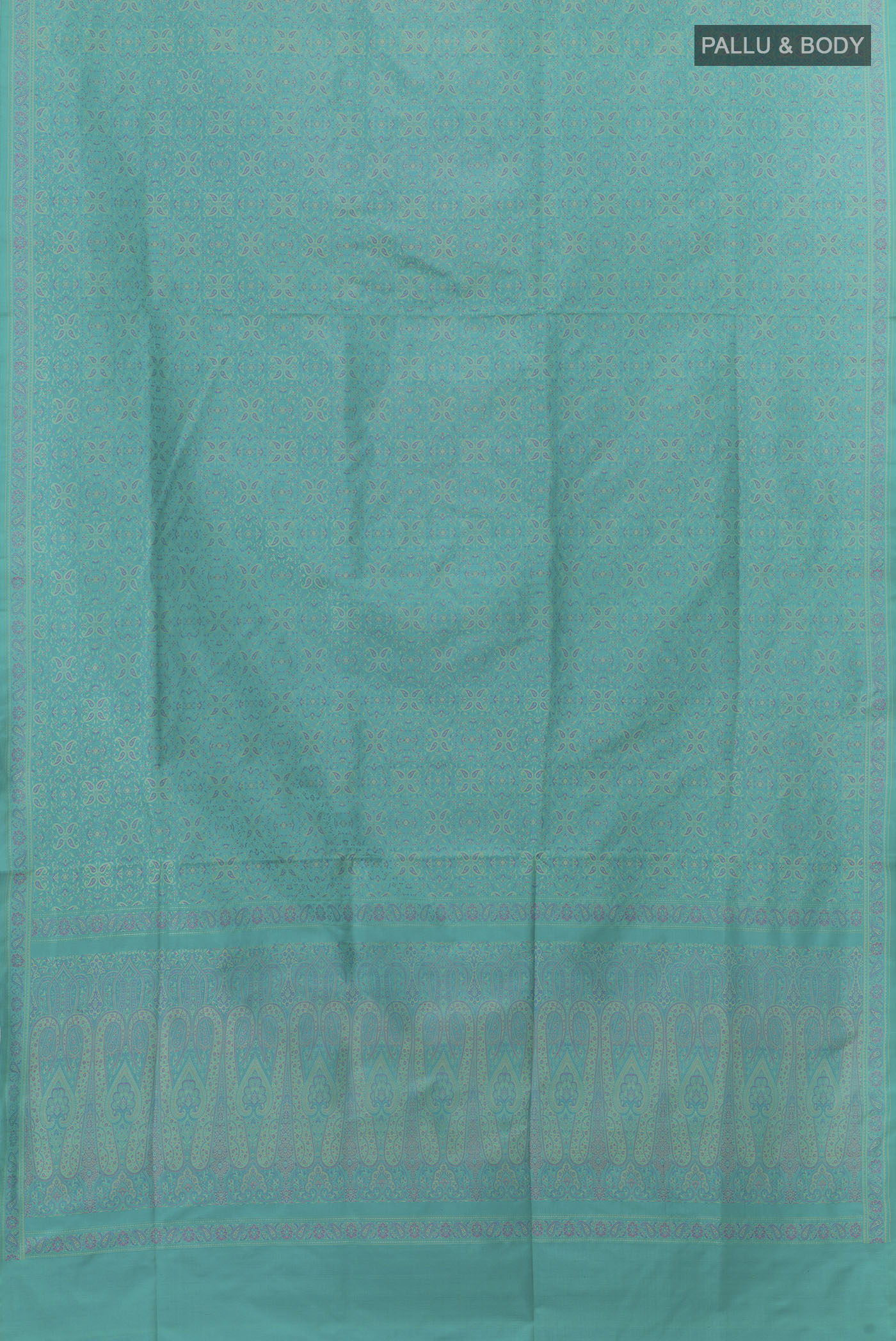 Flat view of Blue Banarasi Tanchoi Silk Saree with Jacquard design on the body and Zari Border. 