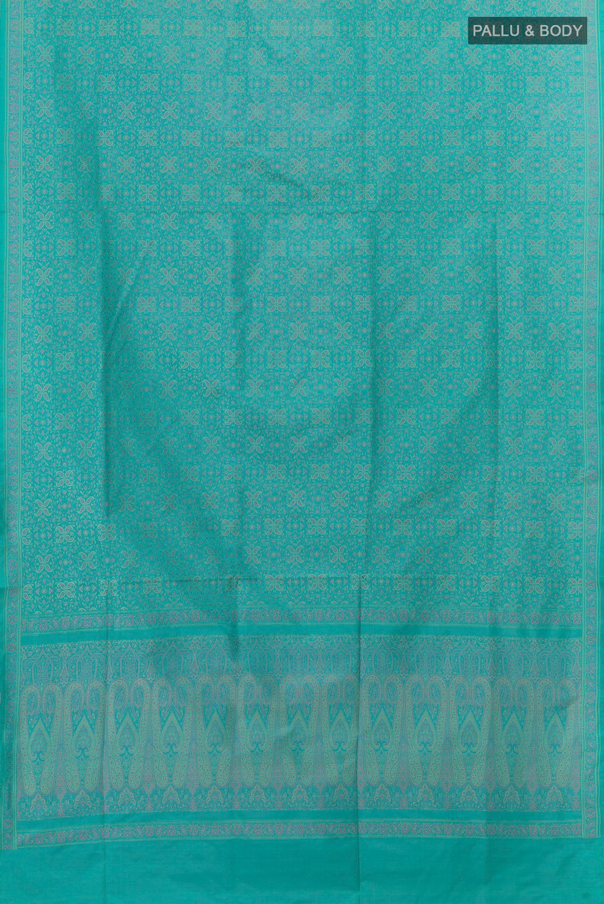 Flat view of Blue Banarasi Tanchoi Silk Saree with Jacquard design on the body and Zari Border. 