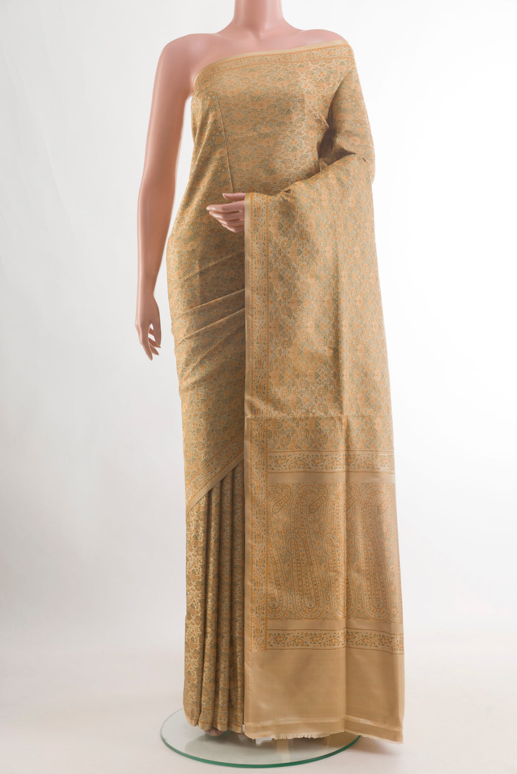 Brown Banarasi Tanchoi Silk Saree with Jacquard design on the body and Thread Border.  displayed on a mannequin