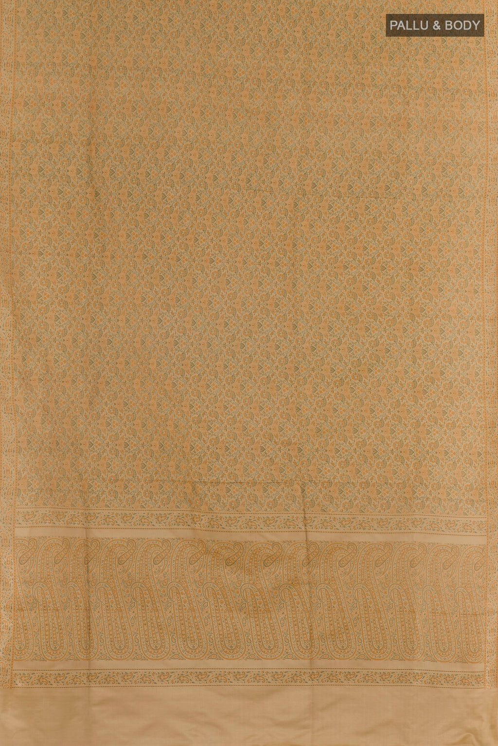 Flat view of Brown Banarasi Tanchoi Silk Saree with Jacquard design on the body and Thread Border. 