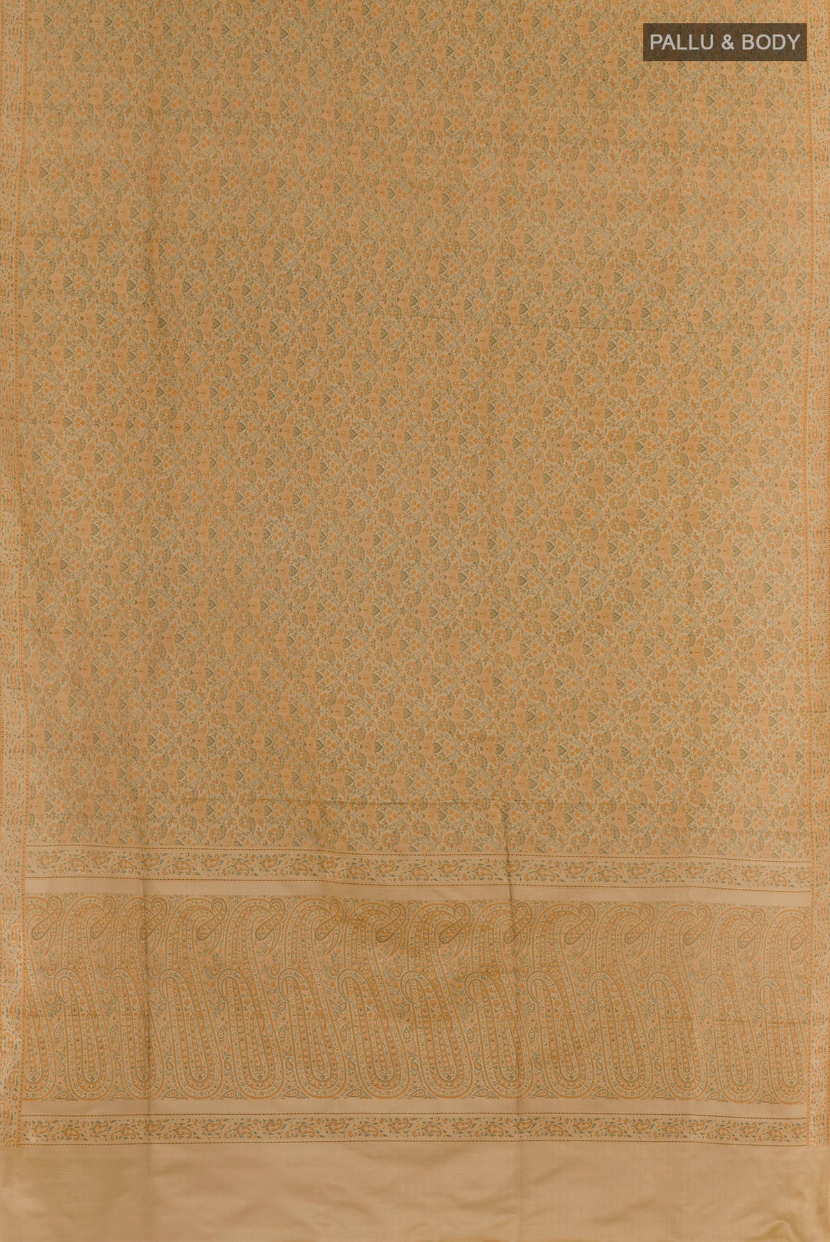 Flat view of Brown Banarasi Tanchoi Silk Saree with Jacquard design on the body and Thread Border. 