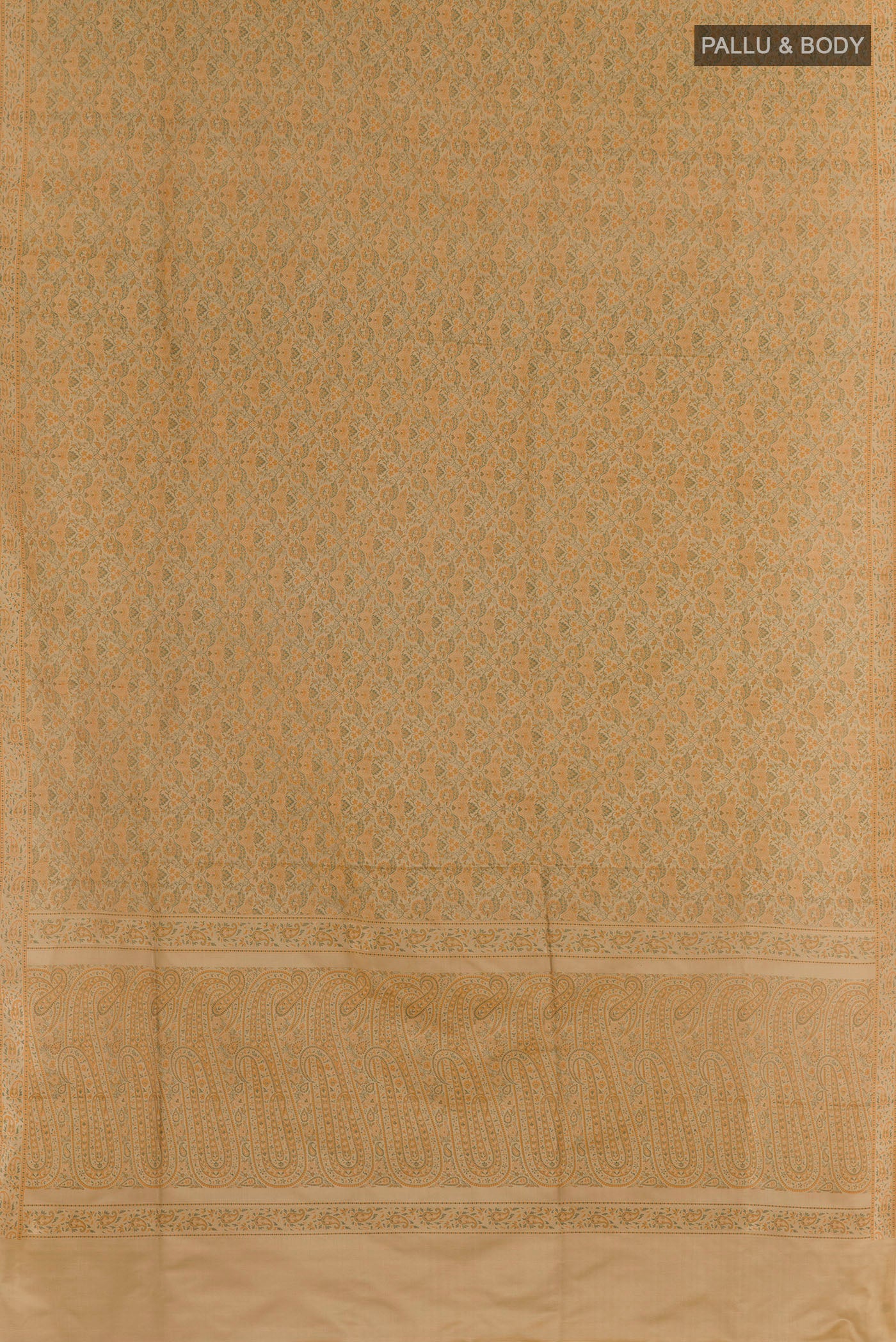 Flat view of Brown Banarasi Tanchoi Silk Saree with Jacquard design on the body and Thread Border. 