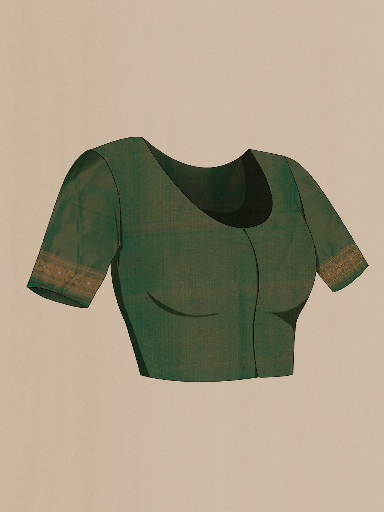 Close up image of the blouse of Green Banarasi Tanchoi Silk Saree with Jacquard design on the body and Zari Border. 