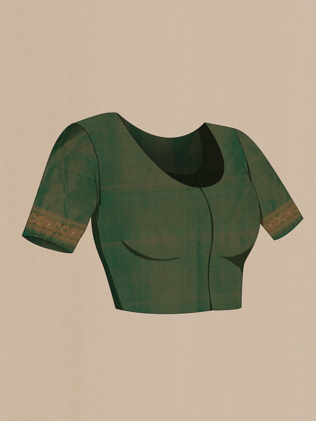 Close up image of the blouse of Green Banarasi Tanchoi Silk Saree with Jacquard design on the body and Zari Border. 