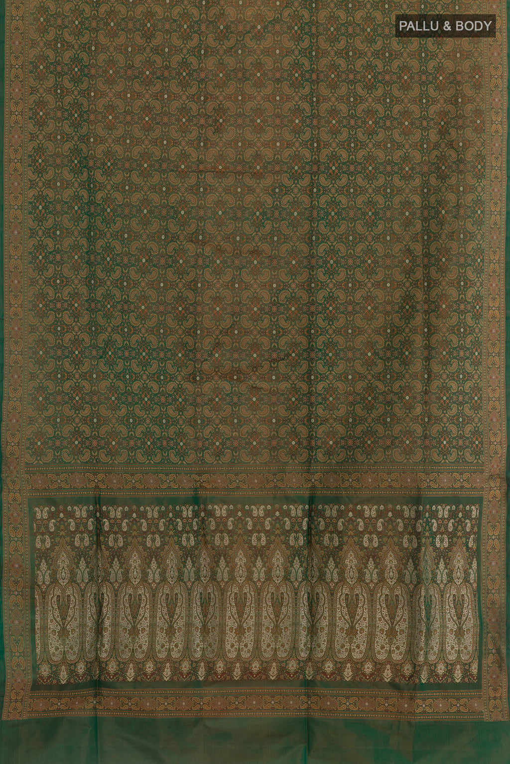 Flat view of Green Banarasi Tanchoi Silk Saree with Jacquard design on the body and Zari Border. 