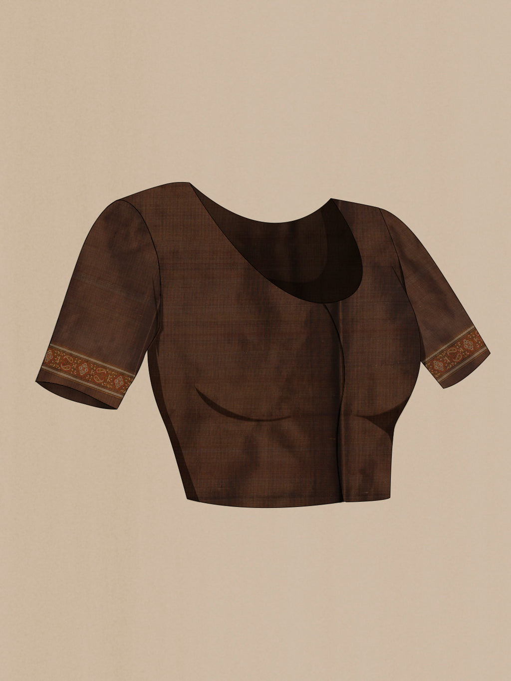 Close up image of the blouse of Brown Banarasi Tanchoi Silk Saree with Jamdani on the body and Thread Border. 