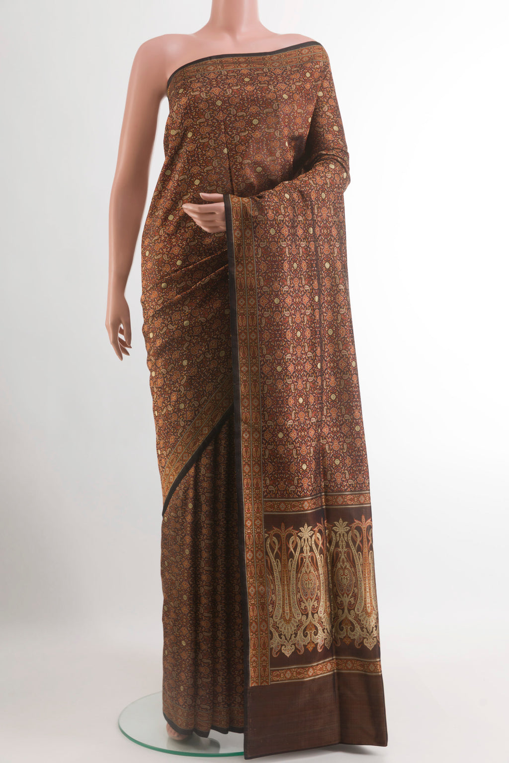 Brown Banarasi Tanchoi Silk Saree with Jamdani on the body and Thread Border.  displayed on a mannequin