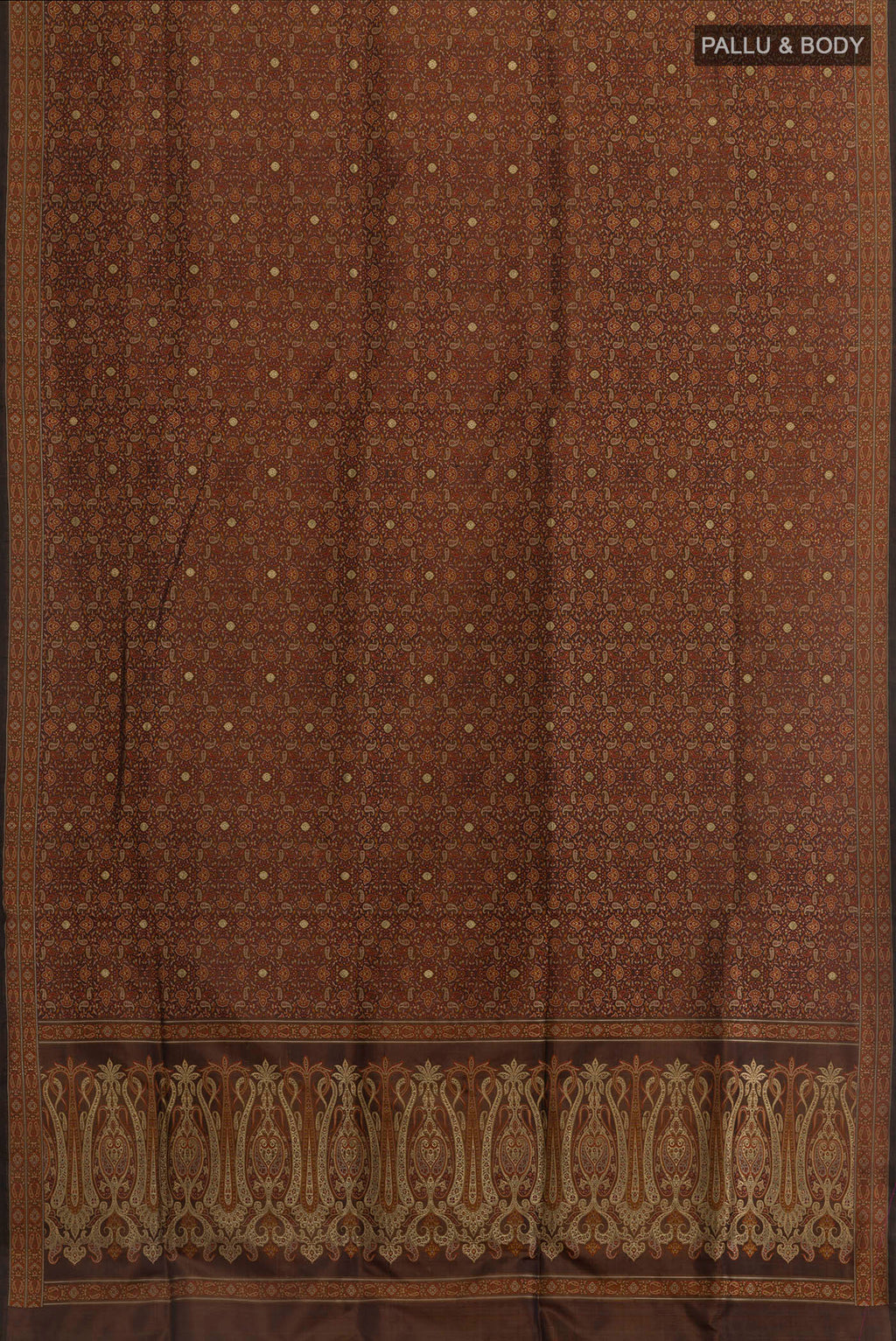 Flat view of Brown Banarasi Tanchoi Silk Saree with Jamdani on the body and Thread Border. 