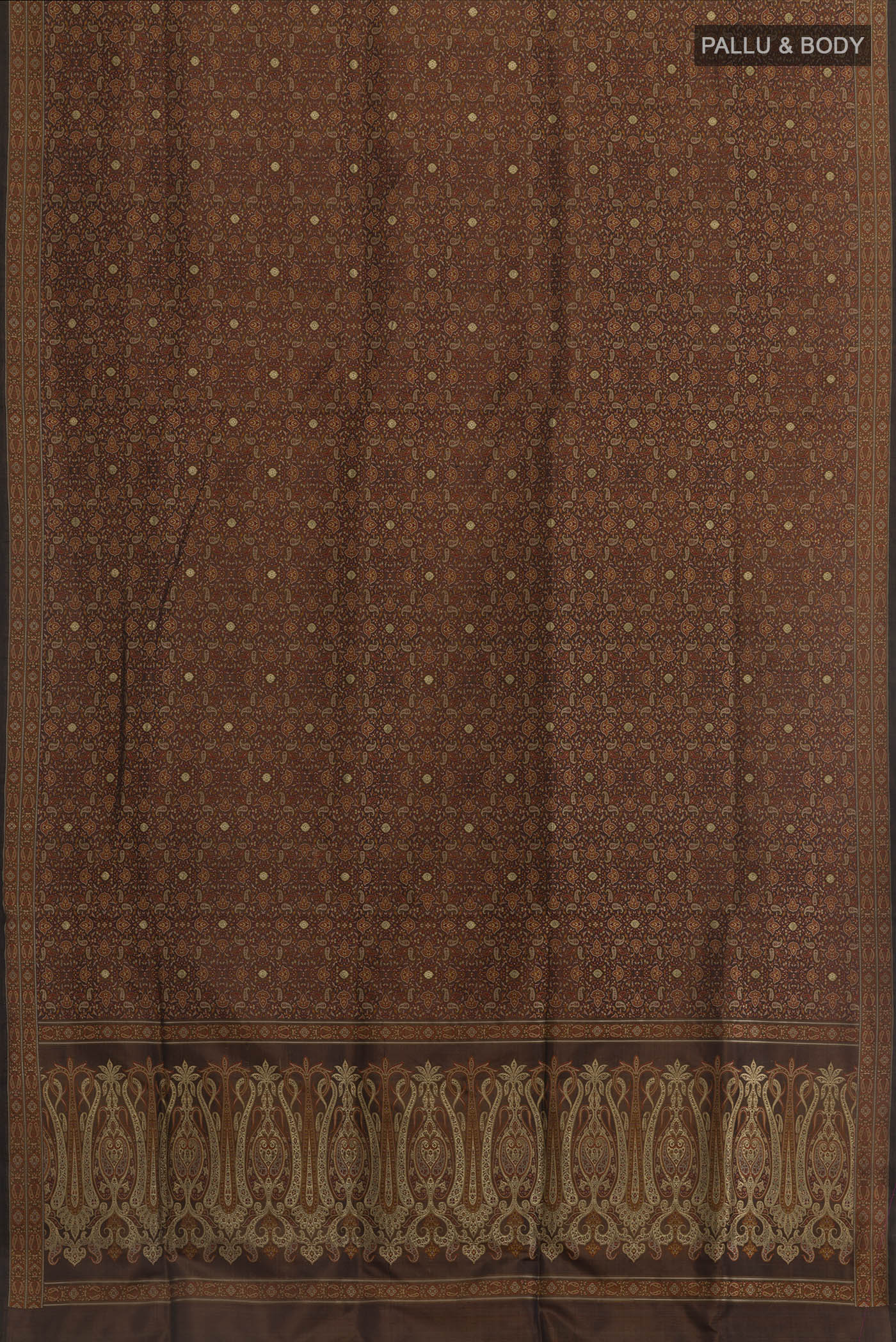 Flat view of Brown Banarasi Tanchoi Silk Saree with Jamdani on the body and Thread Border. 