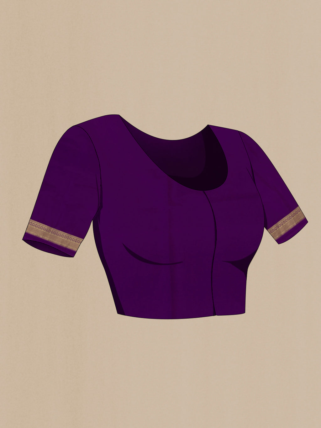 Close up image of the blouse of Violet Banarasi Silk Saree with Zari Brocade on the body and Zari Border. 