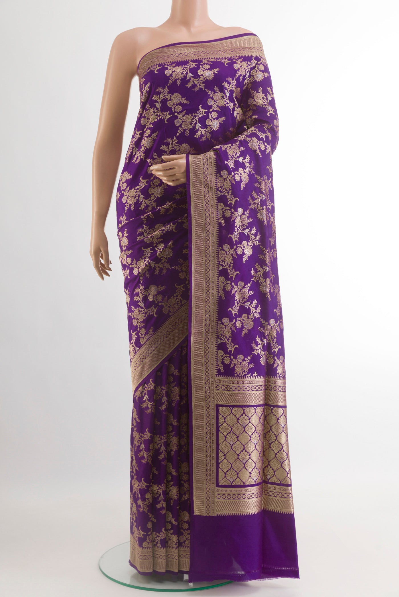 Violet Banarasi Silk Saree with Zari Brocade on the body and Zari Border.  displayed on a mannequin