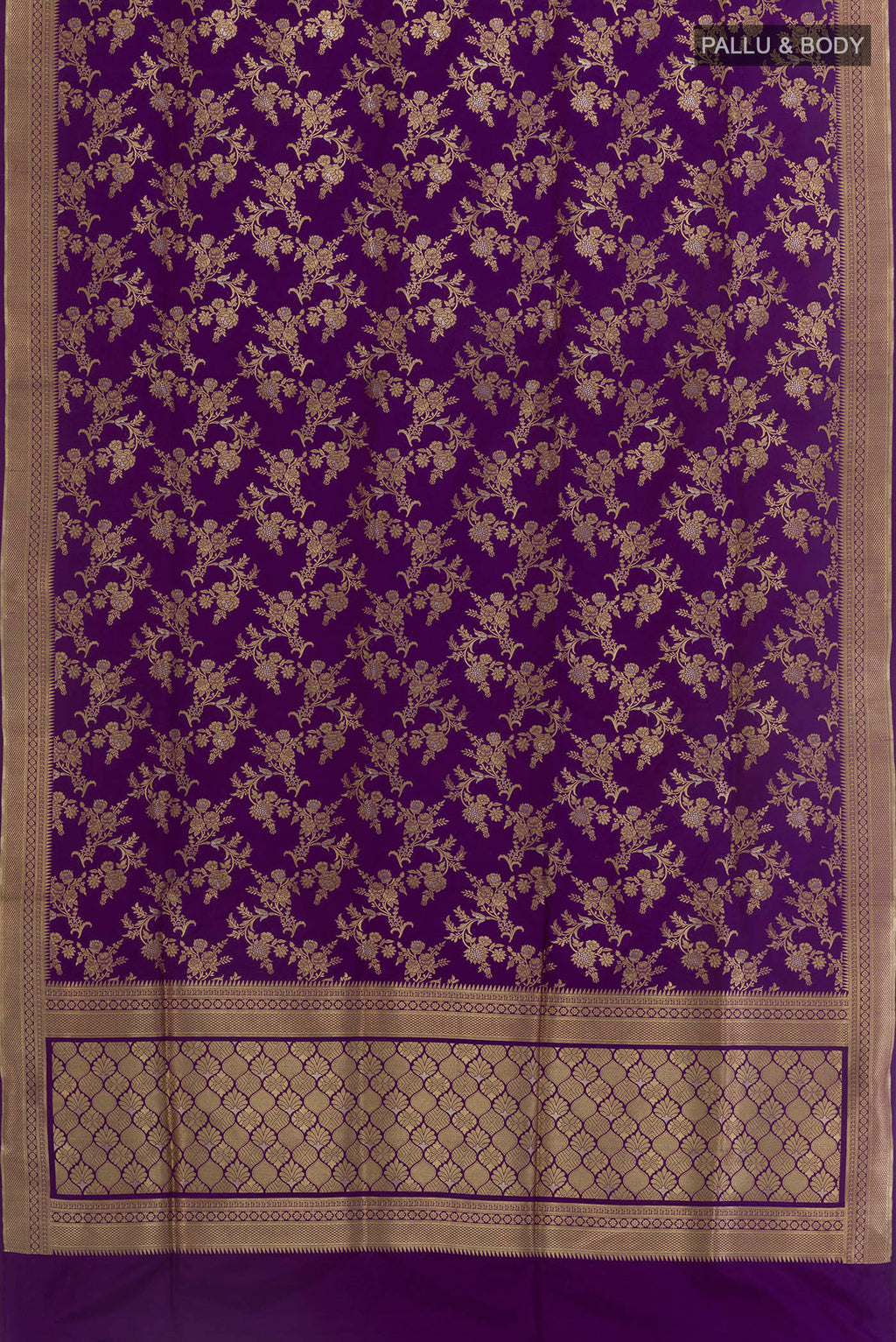 Flat view of Violet Banarasi Silk Saree with Zari Brocade on the body and Zari Border. 