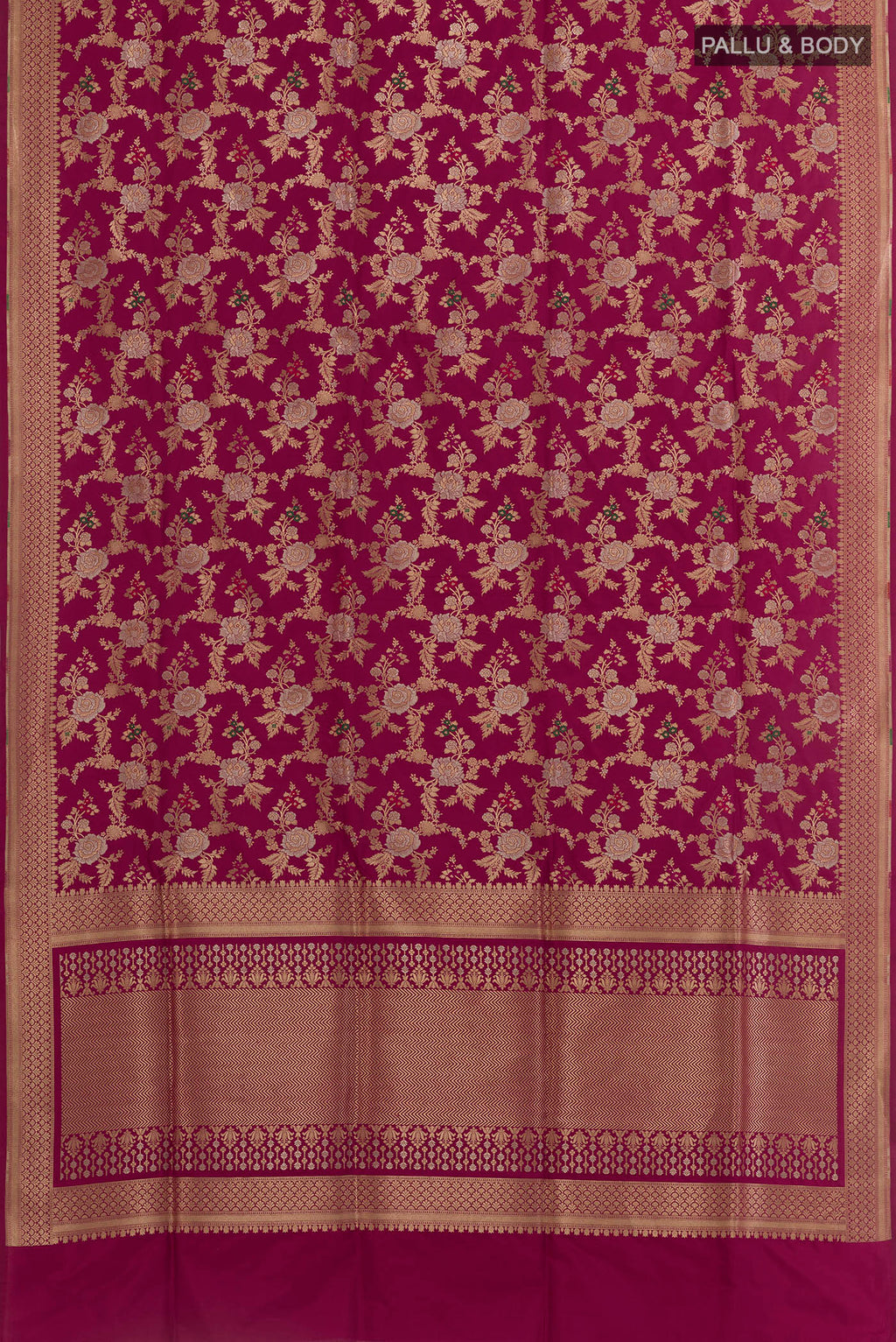 Flat view of Magenta Banarasi Silk Saree with Zari Brocade on the body and Zari Border. 