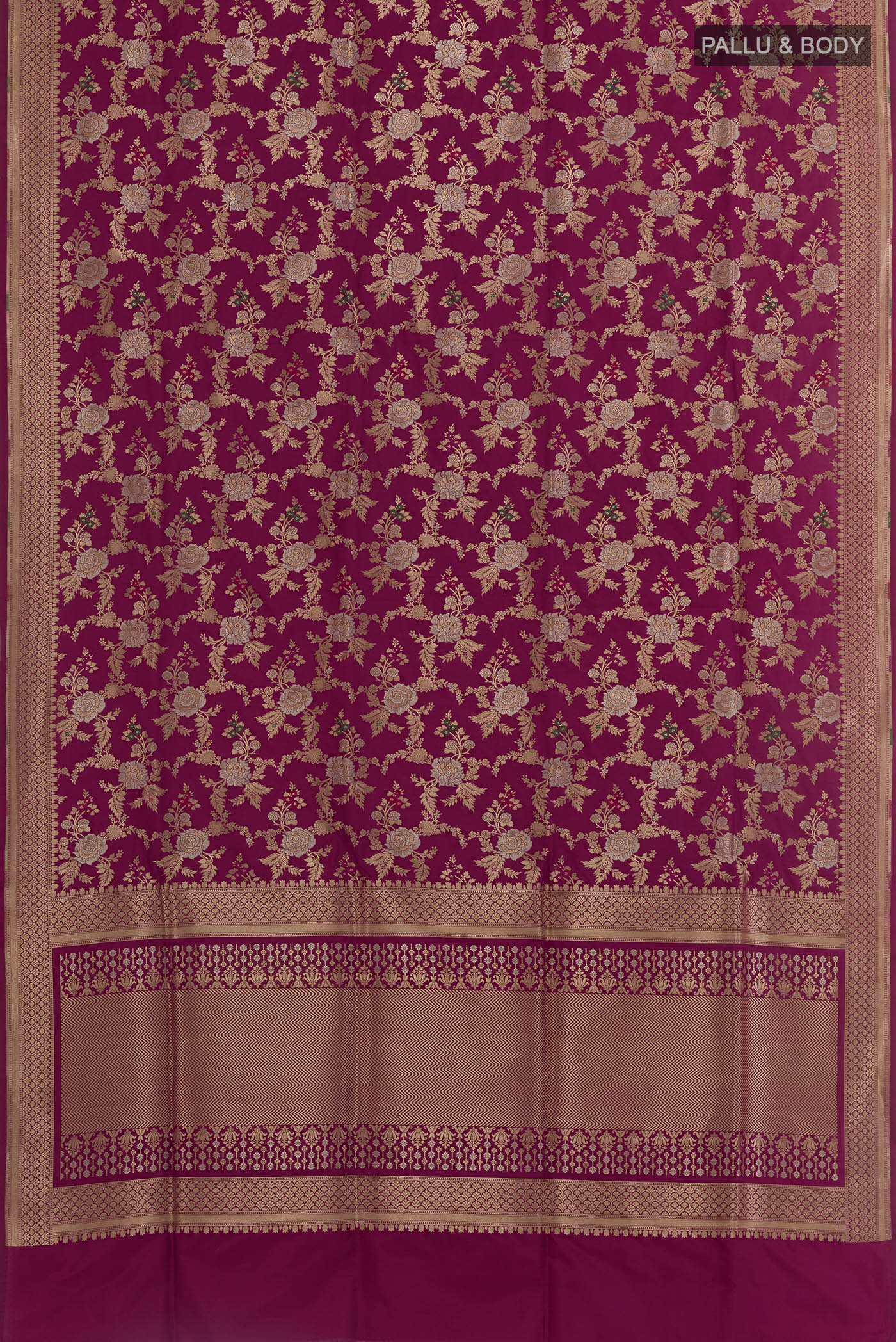 Flat view of Magenta Banarasi Silk Saree with Zari Brocade on the body and Zari Border. 