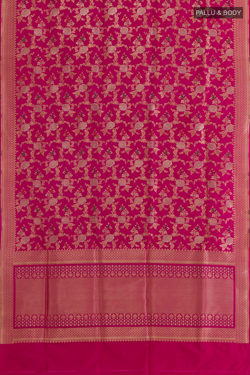 Flat view of Pure Silk Pink Banarasi Saree with Zari Brocade on the body and Zari Border. 