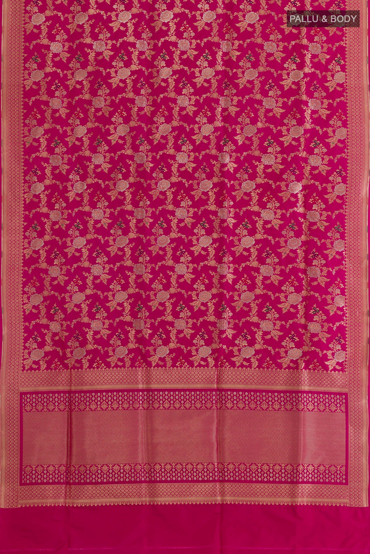 Flat view of Pure Silk Pink Banarasi Saree with Zari Brocade on the body and Zari Border. 